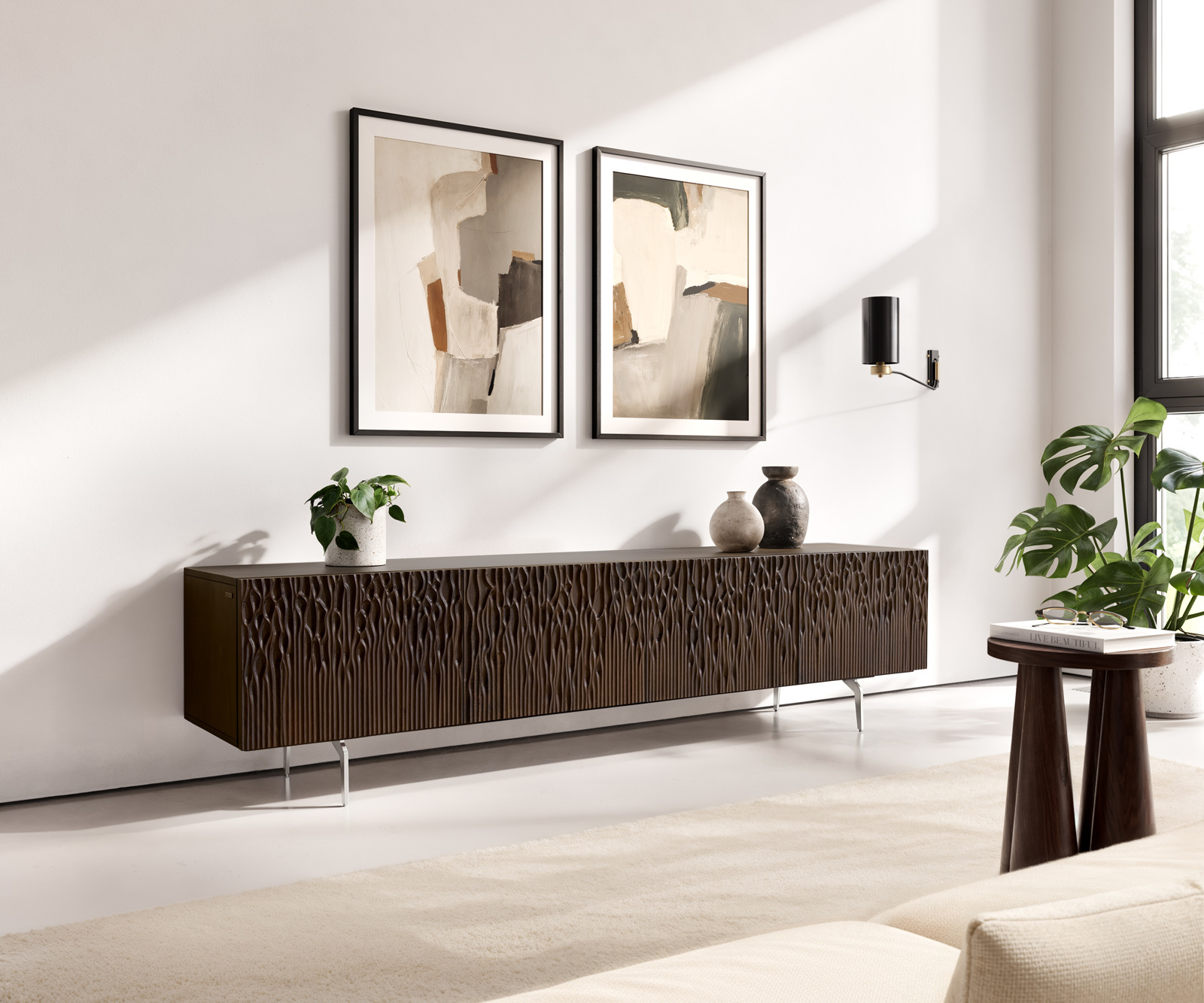 TV szekrény Follia 200 cm mango barna 4 ajtós "L" alakú láb rozsdamentes acél szálcsiszolt