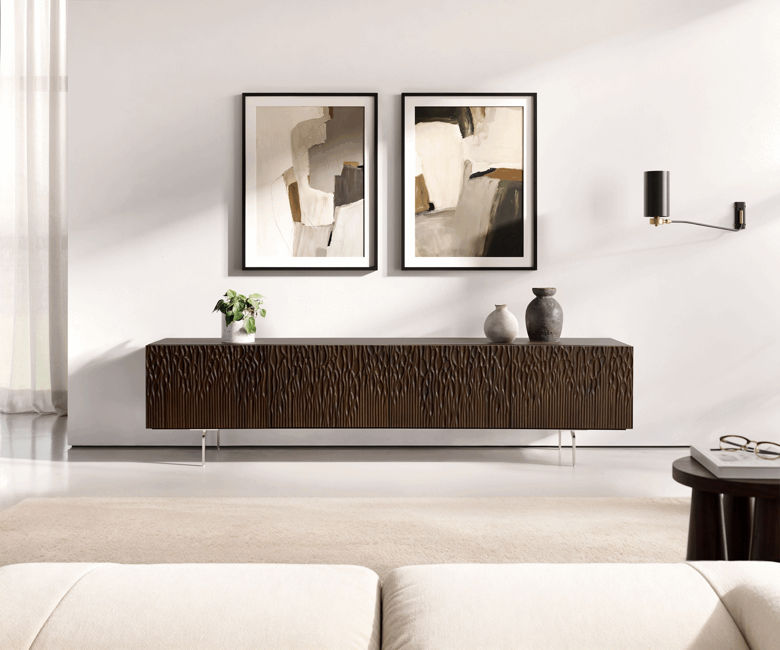 TV szekrény Follia 200 cm mango barna 4 ajtós "L" alakú láb rozsdamentes acél szálcsiszolt - Image 2