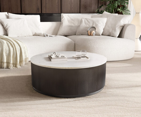 Dohányzóasztal Fiorano 90x90 cm márvány fehér fém fekete vintage