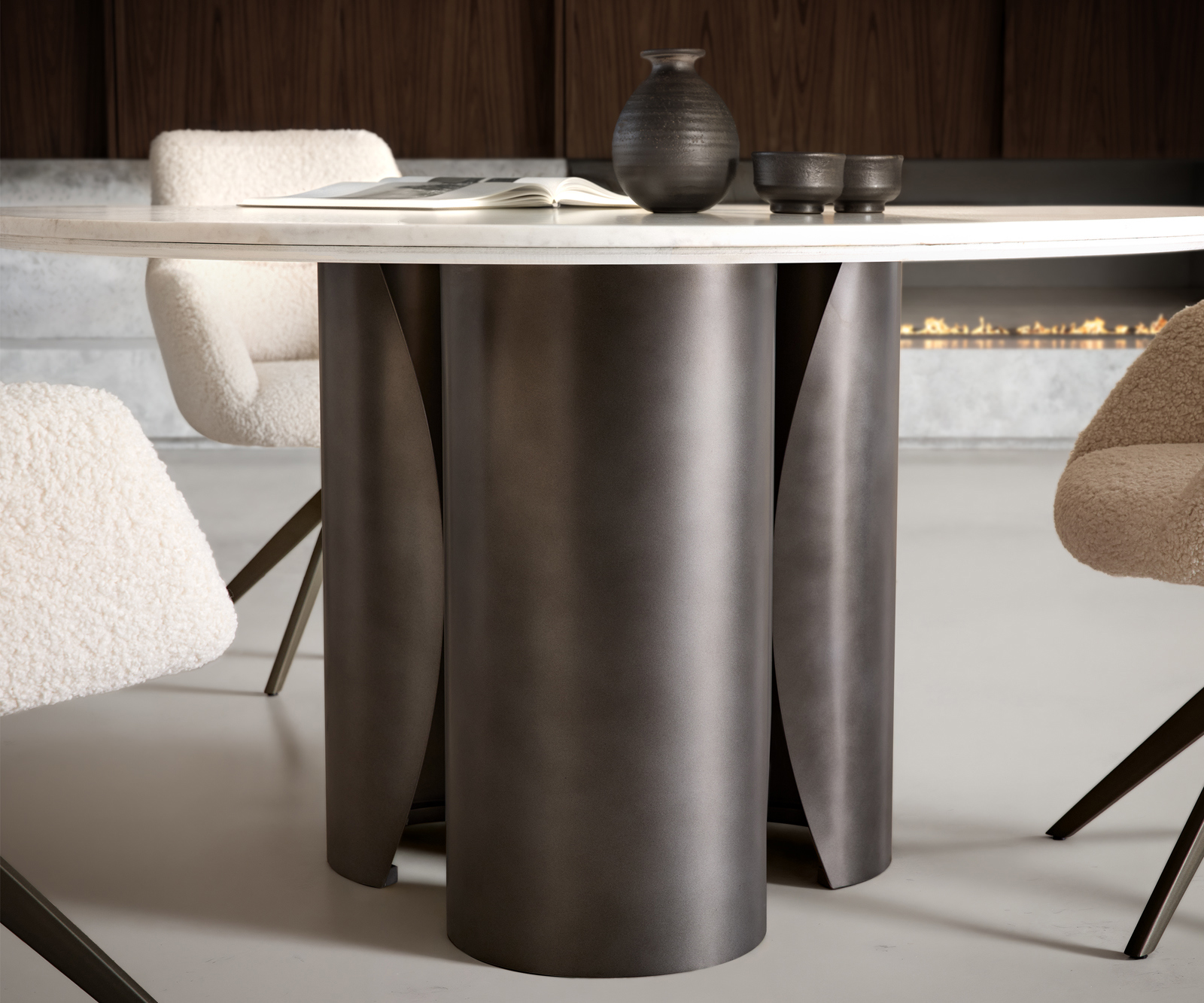 Étkezőasztal Adenza kerek 140x140 cm márvány fehér fém fekete vintage - Image 4