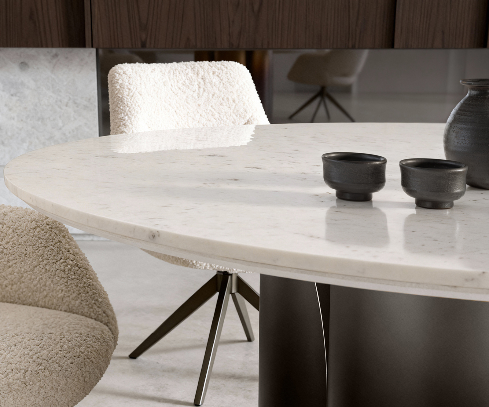 Étkezőasztal Adenza kerek 140x140 cm márvány fehér fém fekete vintage - Image 6