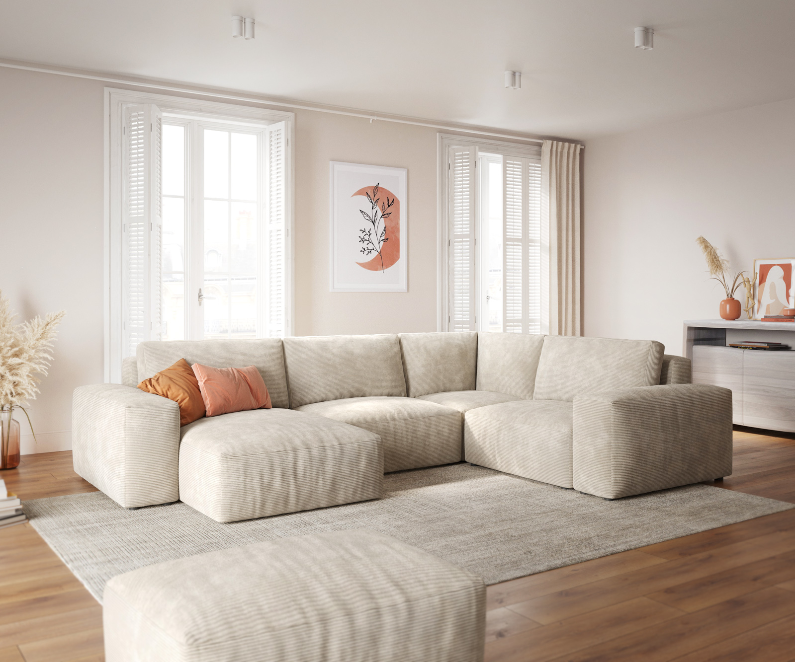 "U alakú kanapé Lanzo 300x210 cm kordbársony bézs rekamié változtatható puffal"