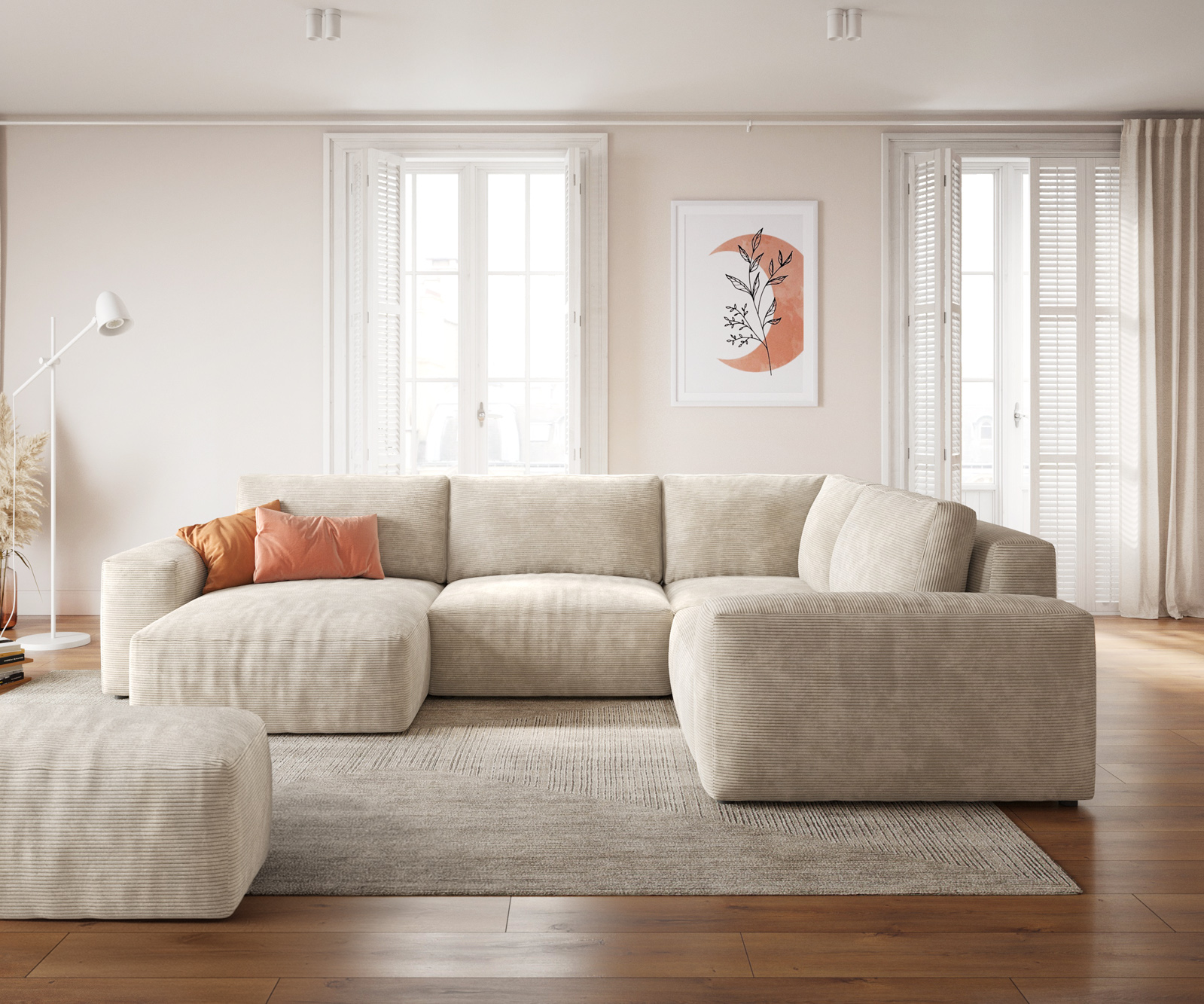 "U alakú kanapé Lanzo 300x210 cm kordbársony bézs rekamié változtatható puffal" - Image 2