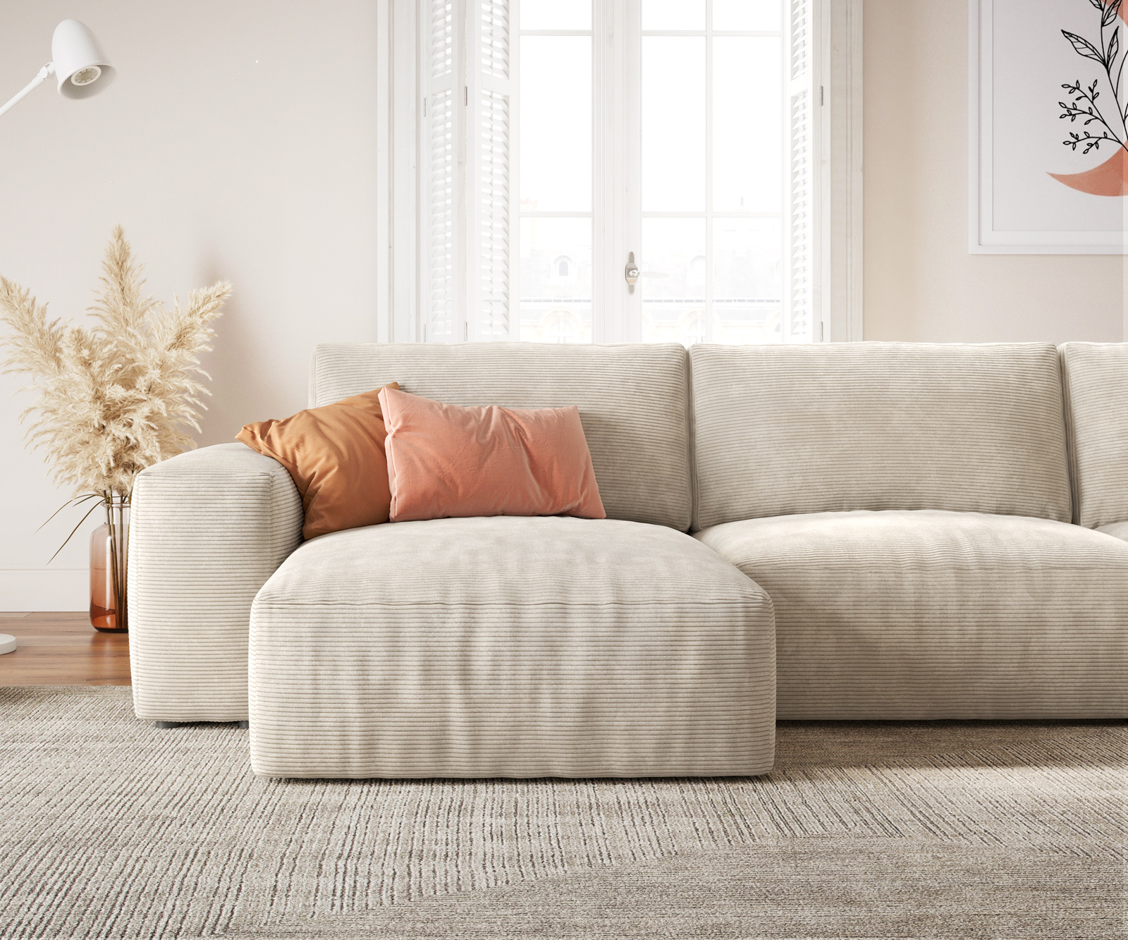 "U alakú kanapé Lanzo 300x210 cm kordbársony bézs rekamié változtatható puffal" - Image 5