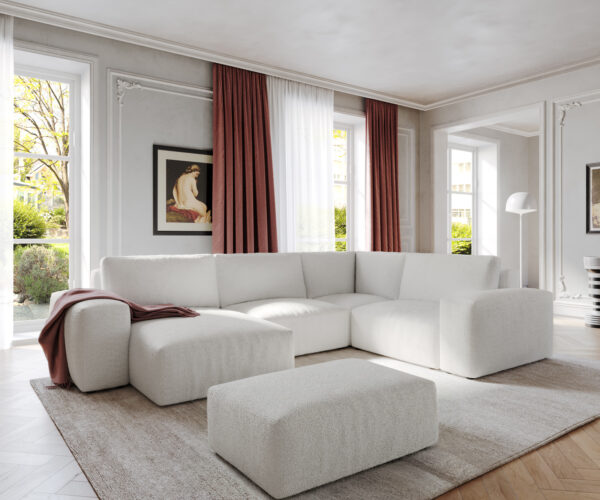 "U alakú kanapé Lanzo 300x210 cm bouclé krémfehér rekamié változtatható puffal"