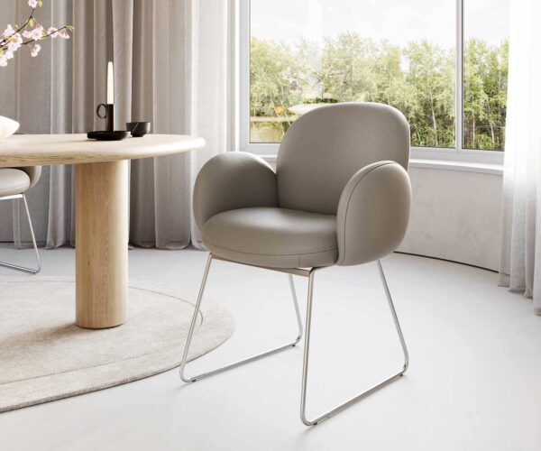 Étkezőszék Nube-Flex karfás valódi bőr sötét bézs vékony láb rozsdamentes acél zsákrugó