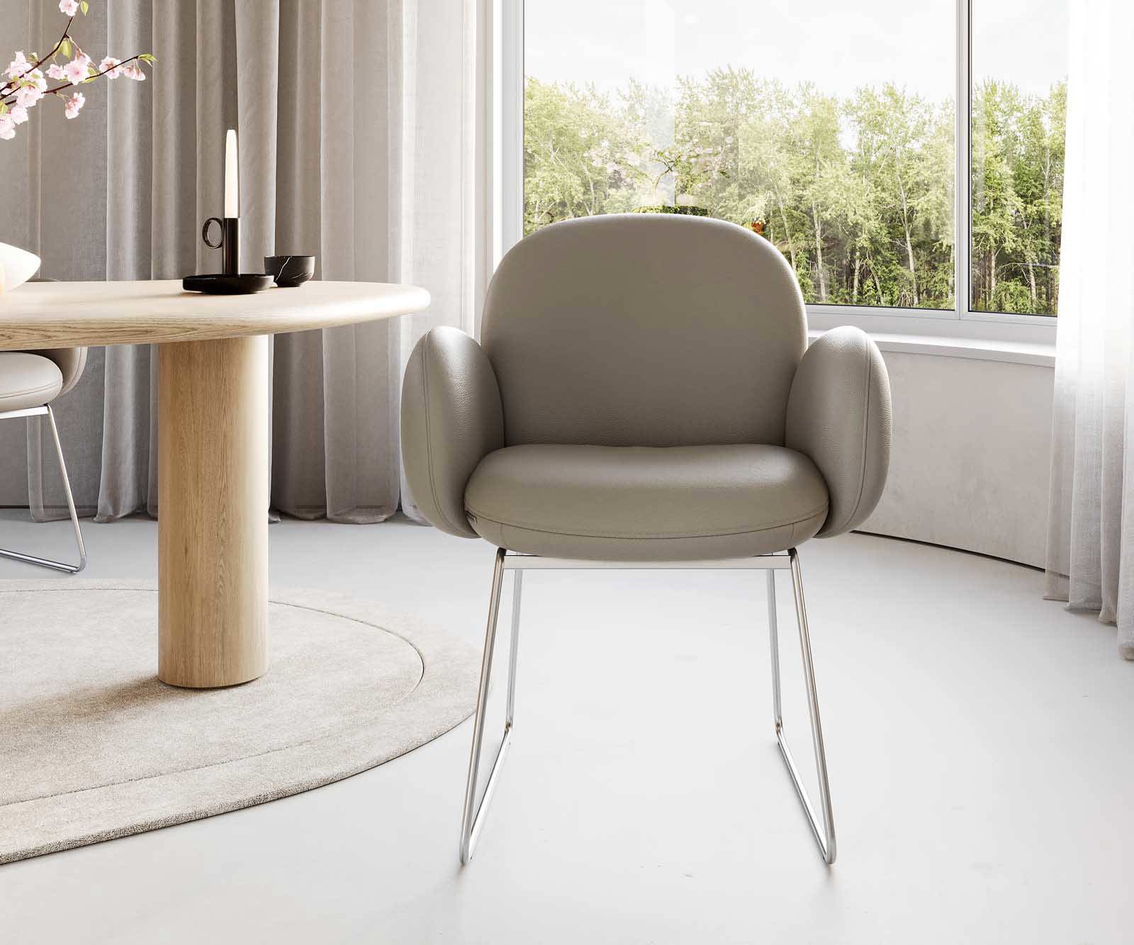 Étkezőszék Nube-Flex karfás valódi bőr sötét bézs vékony láb rozsdamentes acél zsákrugó - Image 2