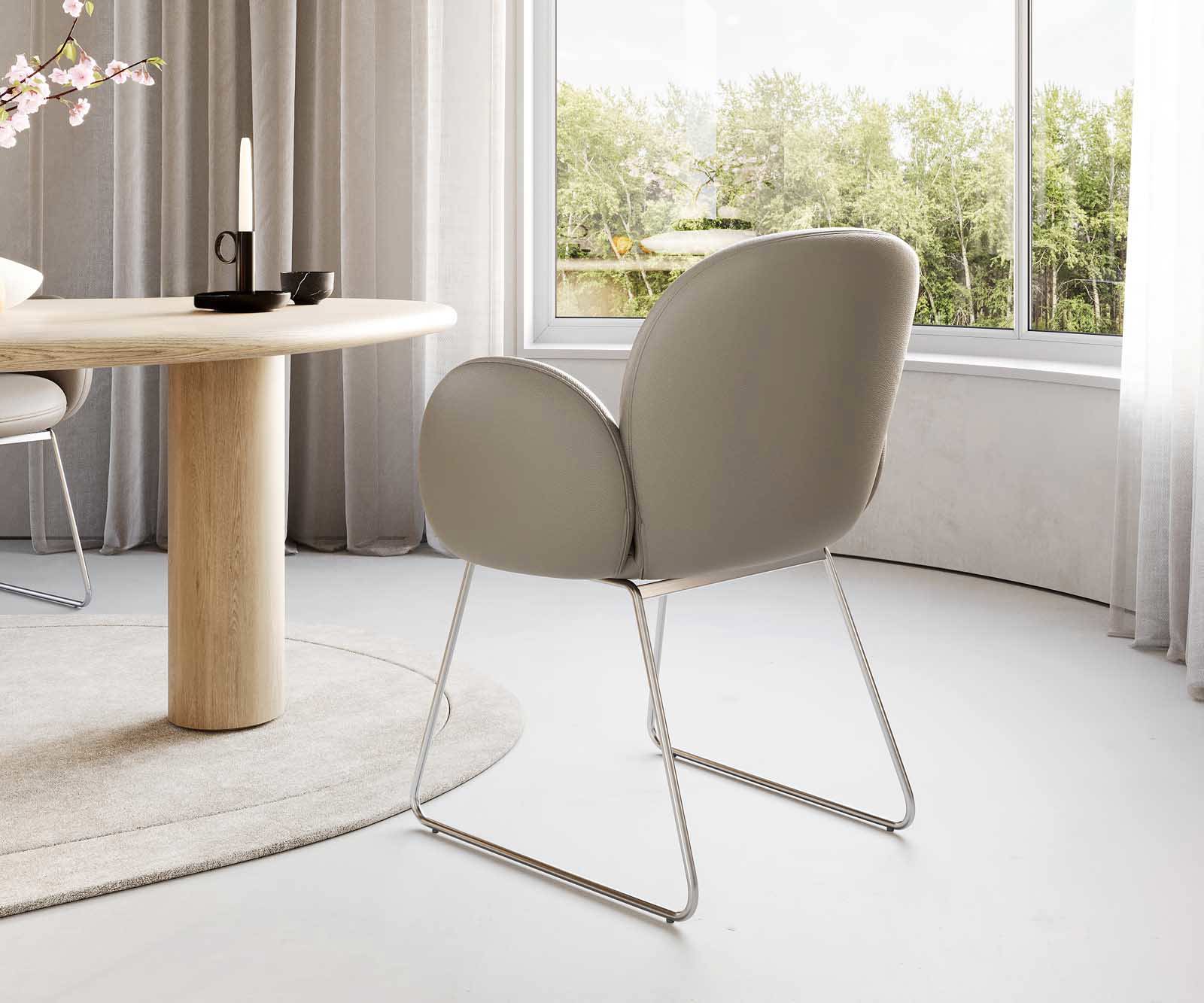 Étkezőszék Nube-Flex karfás valódi bőr sötét bézs vékony láb rozsdamentes acél zsákrugó - Image 4