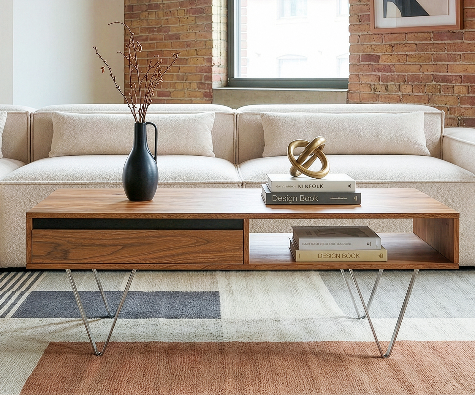 Dohányzóasztal Stonegrace 115x60x35 cm akác természetes pala 2 fiók 1 rekesz - Image 2