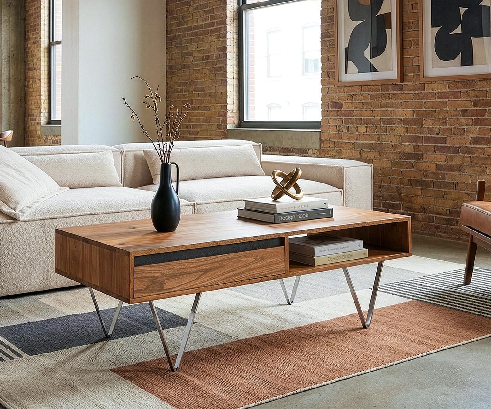 Dohányzóasztal Stonegrace 115x60x35 cm akác természetes pala 2 fiók 1 rekesz