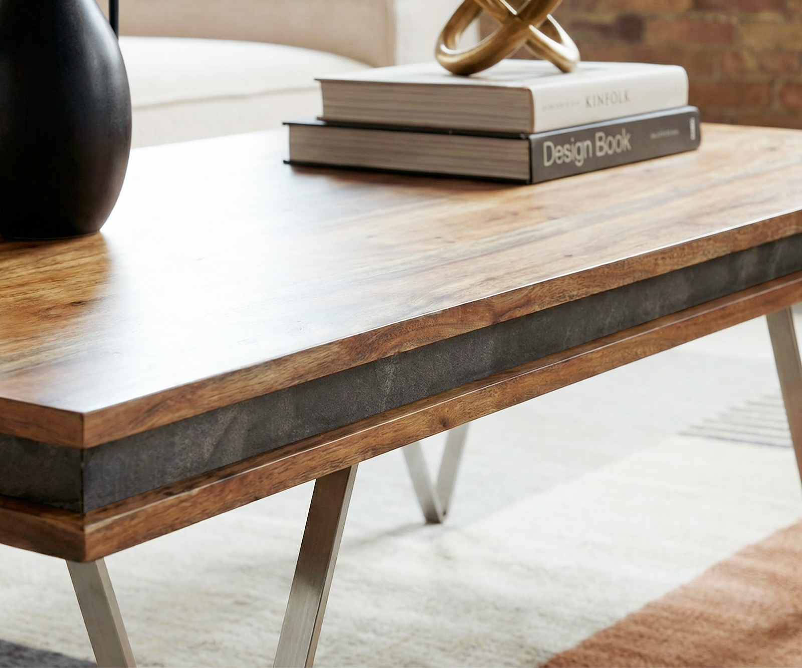 Design dohányzóasztal Stonegrace 117x60x25 cm akác természetes pala - Image 4