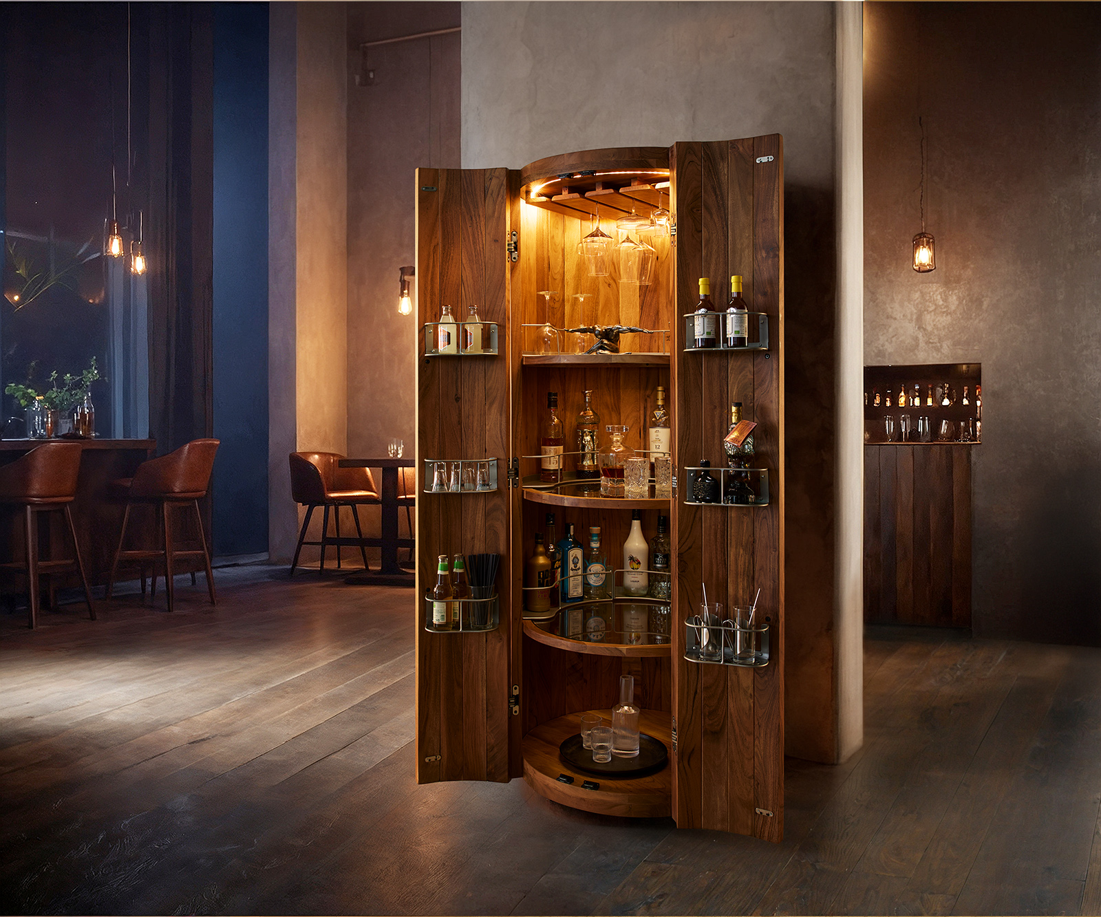 Bárszekrény Tulsa 80x190 cm akác természetes LED világítás borospince