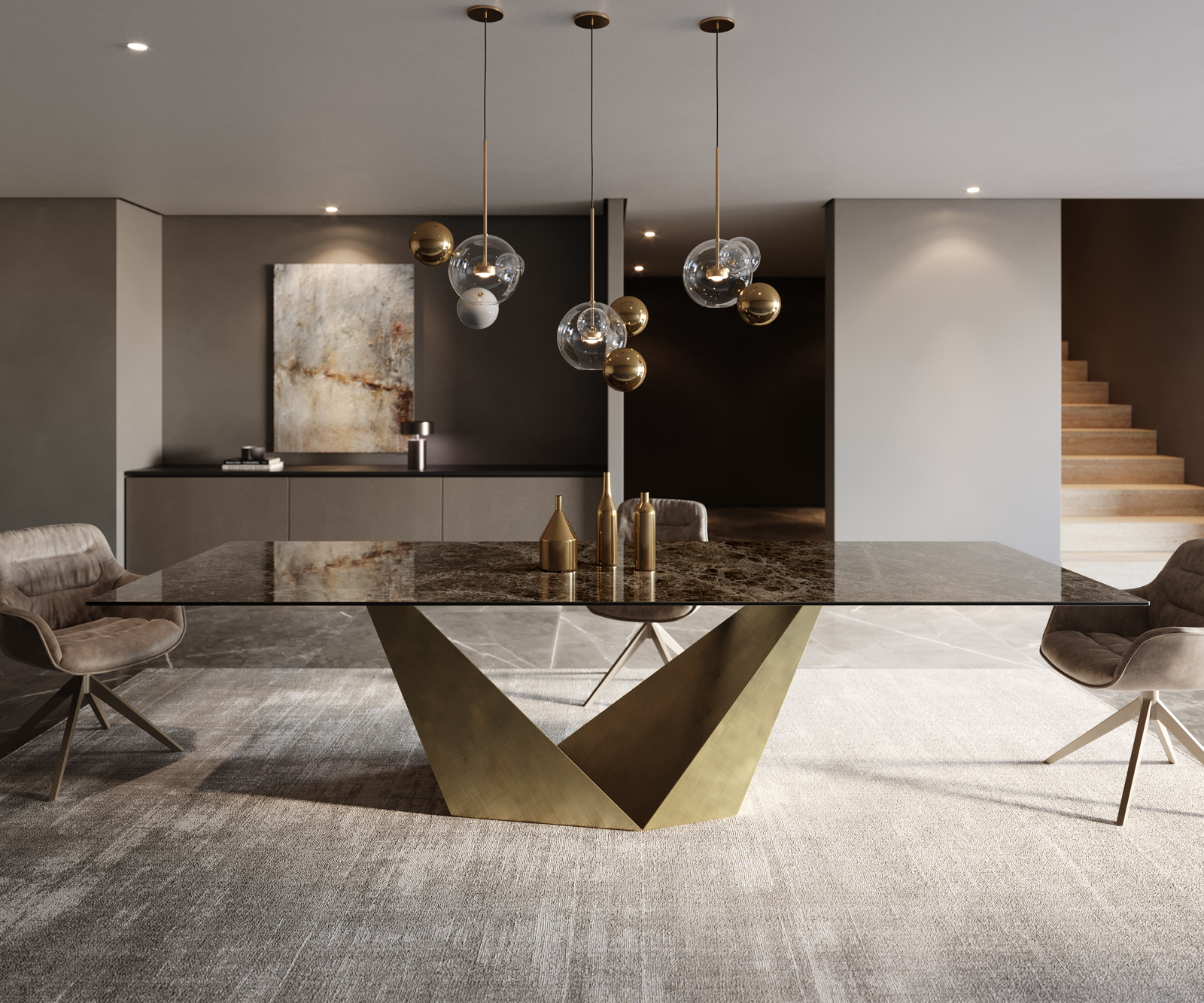 Étkezőasztal Edge 300x100 Laminam® kerámia Emperador Extra Lucidato sötétbarna Prisma metál arany - Image 2