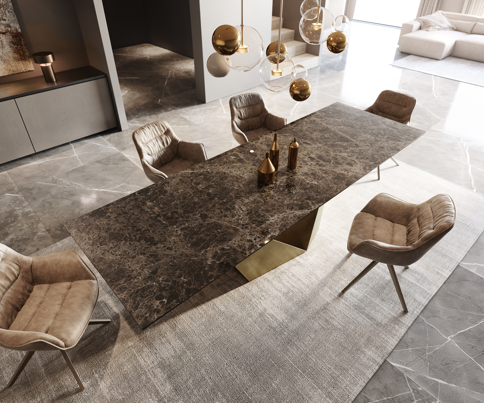 Étkezőasztal Edge 300x100 Laminam® kerámia Emperador Extra Lucidato sötétbarna Prisma metál arany - Image 4