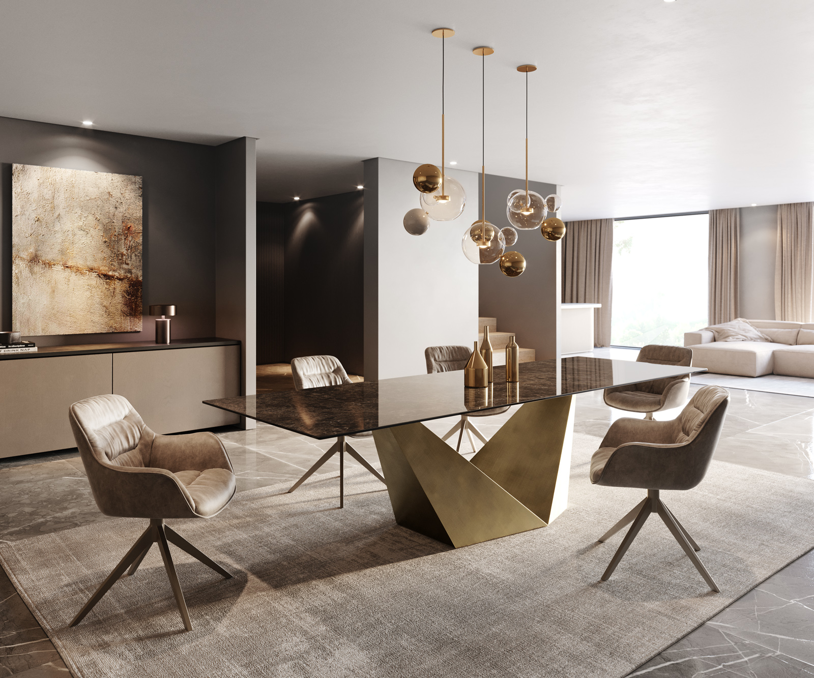 Étkezőasztal Edge 300x100 Laminam® kerámia Emperador Extra Lucidato sötétbarna Prisma metál arany - Image 6