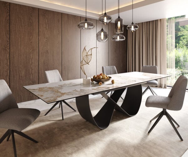 Étkezőasztal Edge 200-300x100 cm kerámia Minas Melange fehér-bézs Infinity fém fekete kihúzható