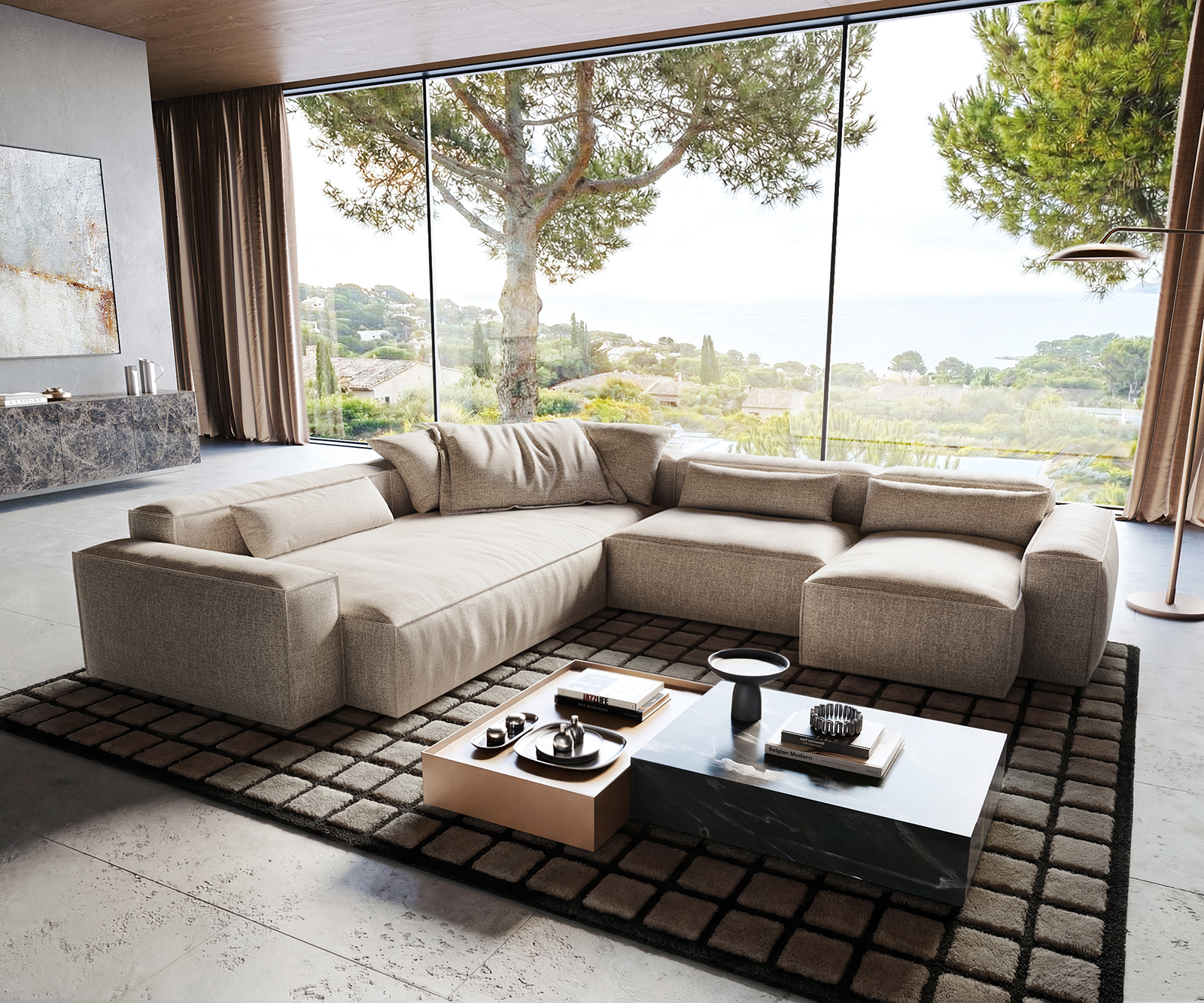 "U alakú kanapé Freestyle 360x290 cm szövött szövet puha bézs szegélyvarrás"