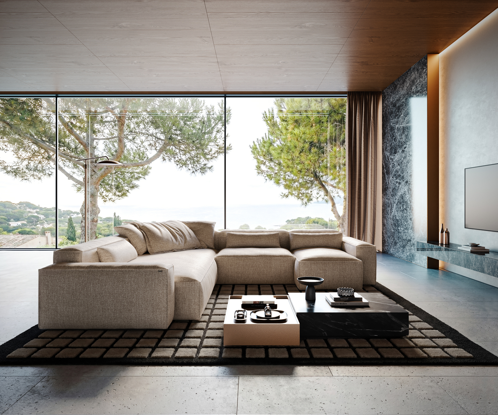 "U alakú kanapé Freestyle 360x290 cm szövött szövet puha bézs szegélyvarrás" - Image 4