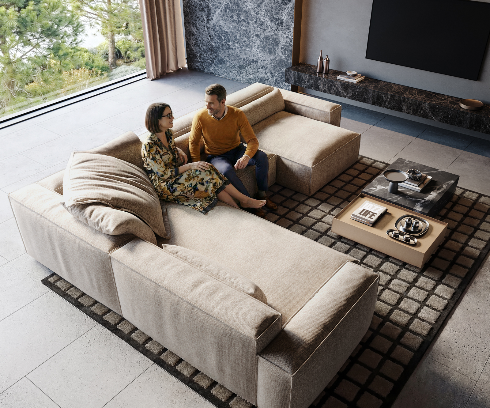 "U alakú kanapé Freestyle 360x290 cm szövött szövet puha bézs szegélyvarrás" - Image 2