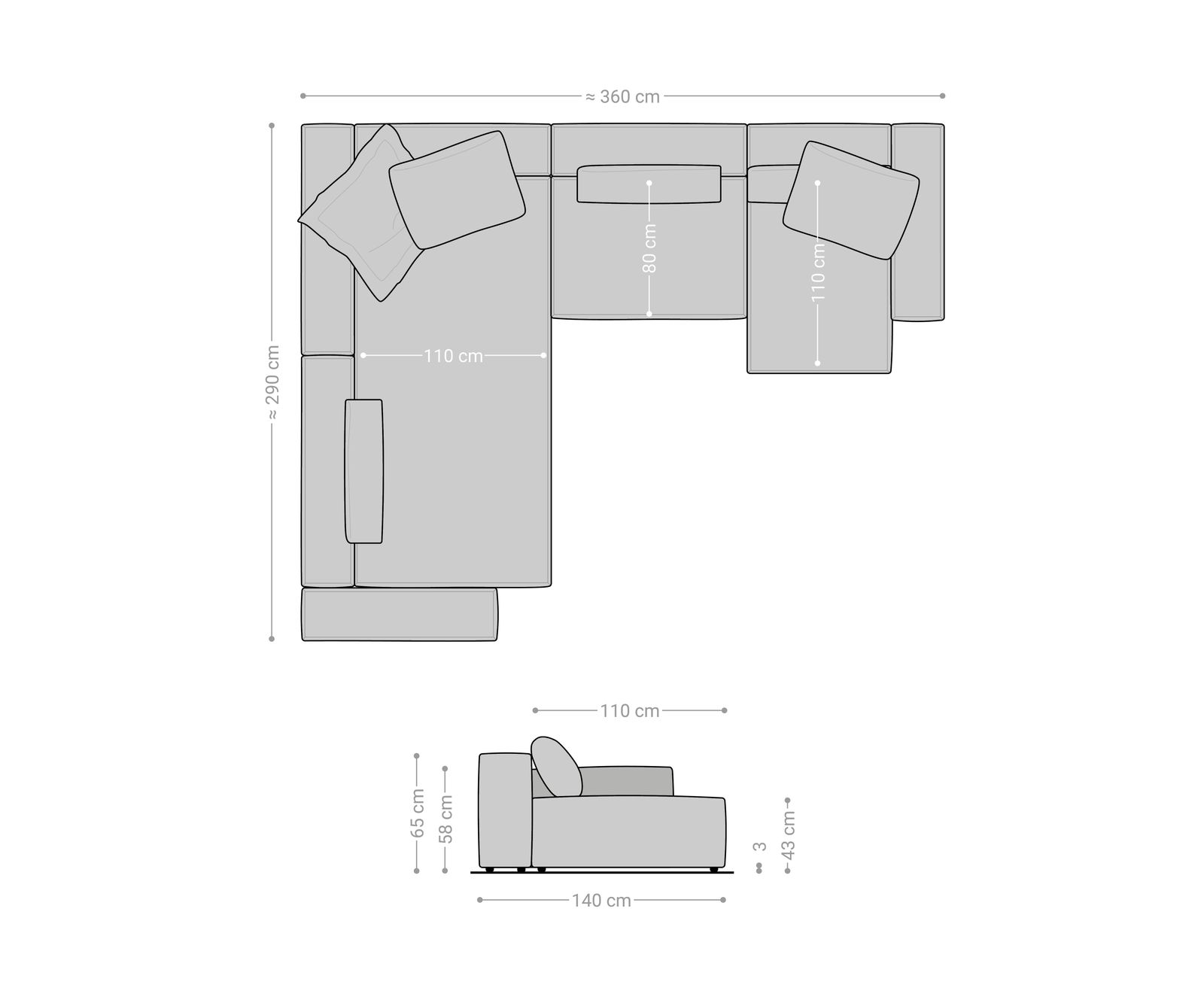 "U alakú kanapé Freestyle 360x290 cm szövött szövet puha bézs szegélyvarrás" - Image 7