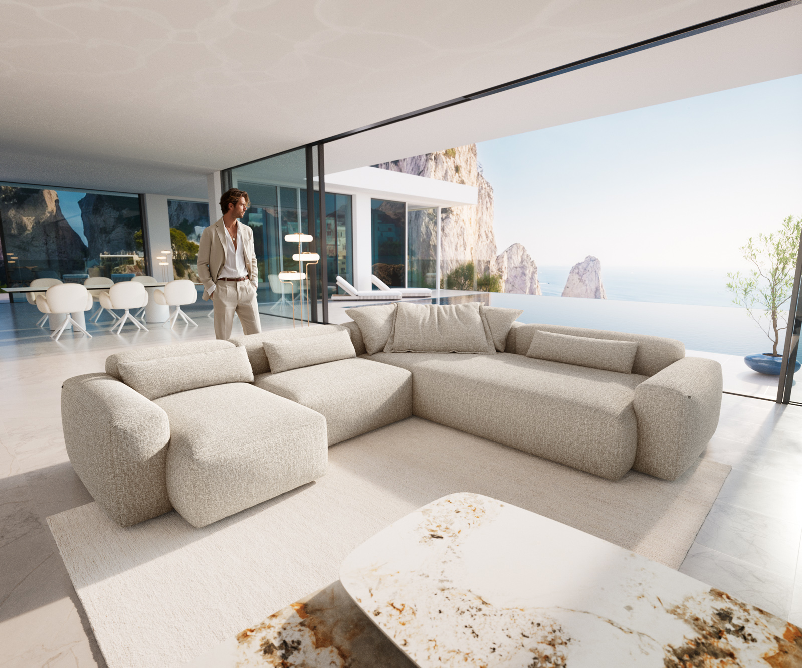 "U" alakú kanapé Freestyle 360x290 cm szövött szövet puha bézs varrással