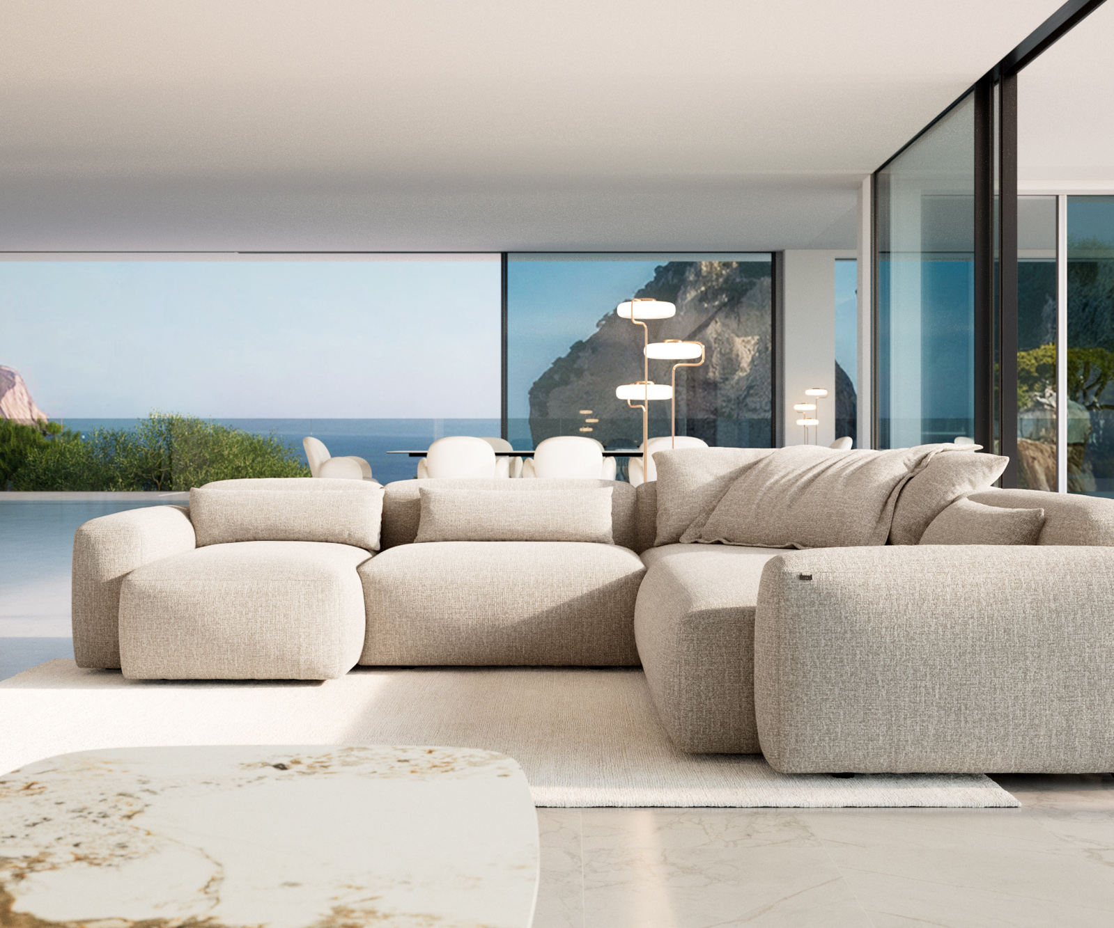 "U" alakú kanapé Freestyle 360x290 cm szövött szövet puha bézs varrással - Image 2