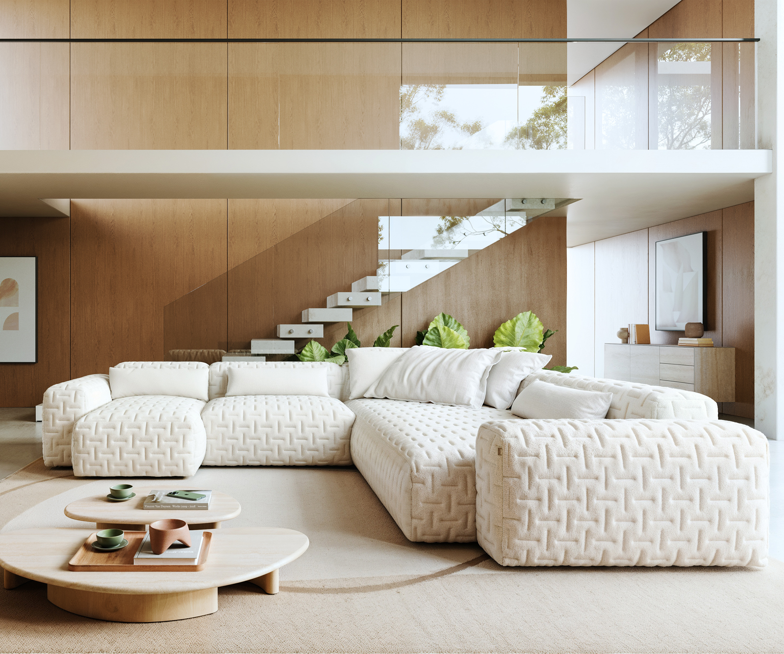 "U alakú kanapé Freestyle 360x290 cm bouclé puha bézs steppelt" - Image 2