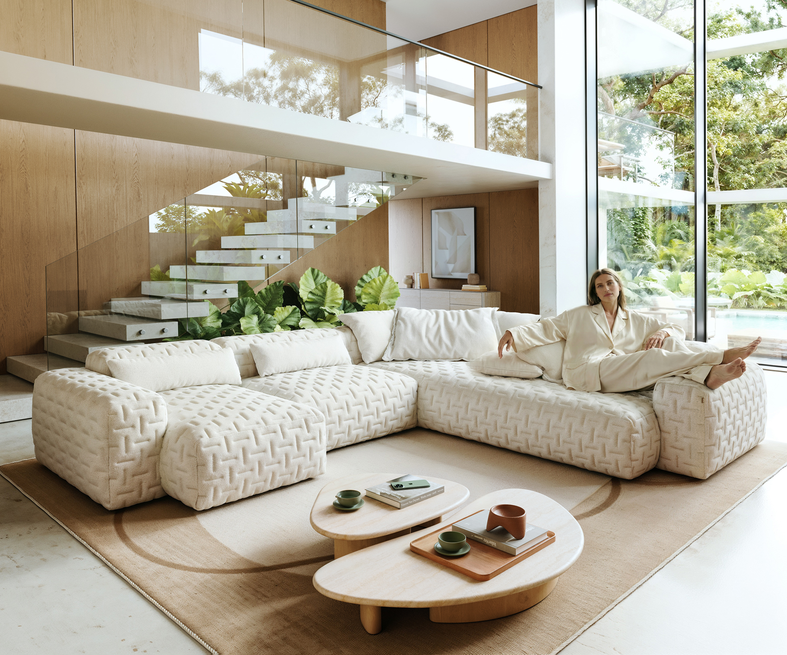 "U alakú kanapé Freestyle 360x290 cm bouclé puha bézs steppelt"