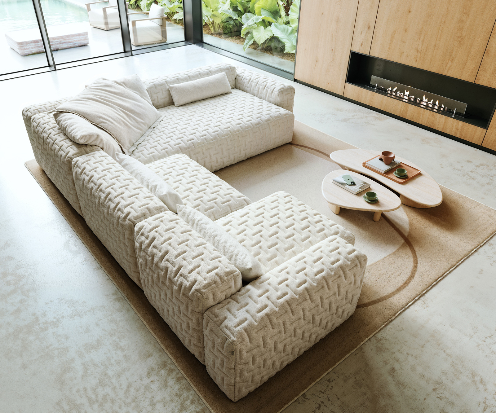 "U alakú kanapé Freestyle 360x290 cm bouclé puha bézs steppelt" - Image 4