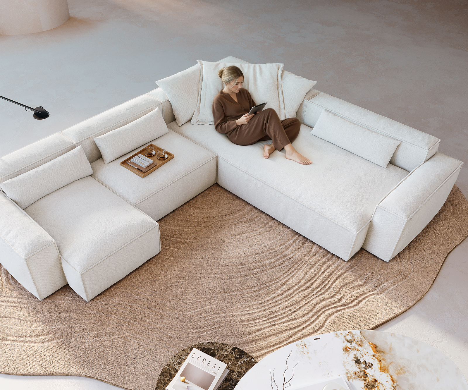 "U alakú kanapé Freestyle 360x290 cm bouclé puha bézs szegélyvarrás" - Image 4