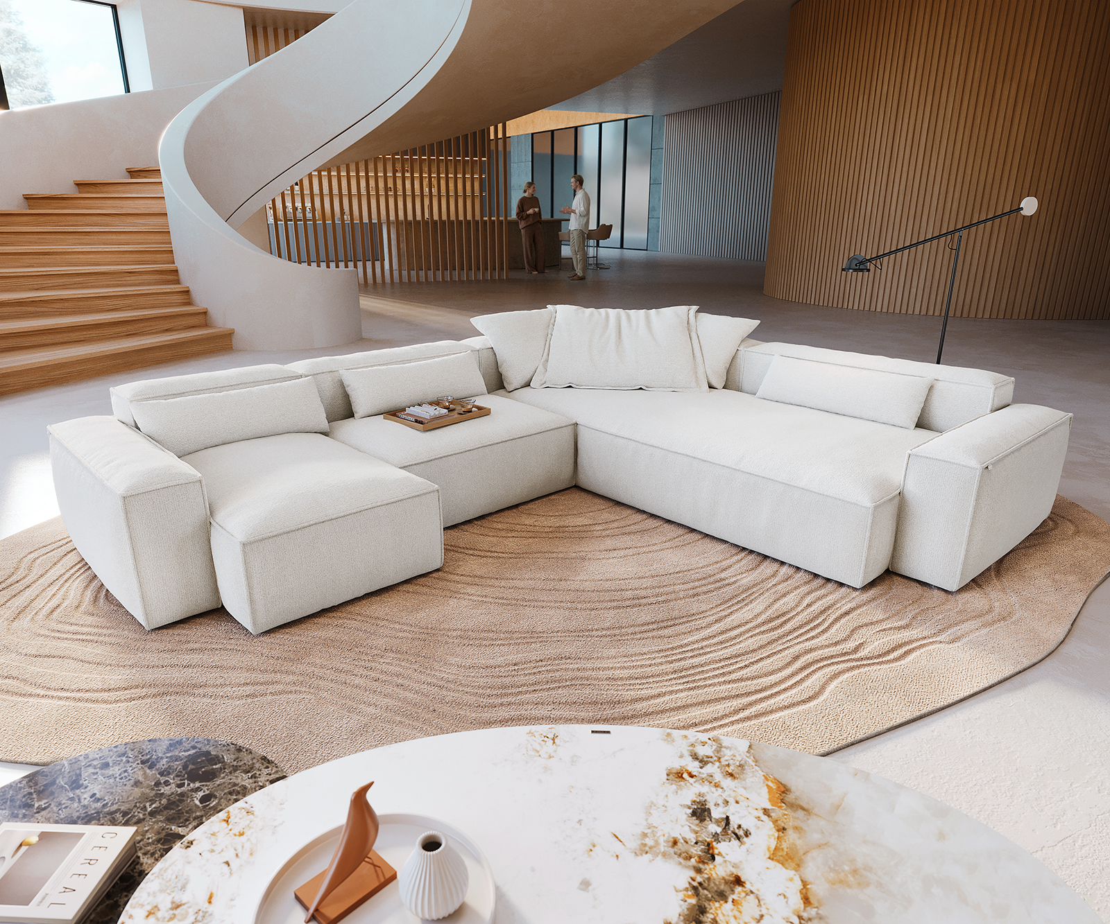 "U alakú kanapé Freestyle 360x290 cm bouclé puha bézs szegélyvarrás"