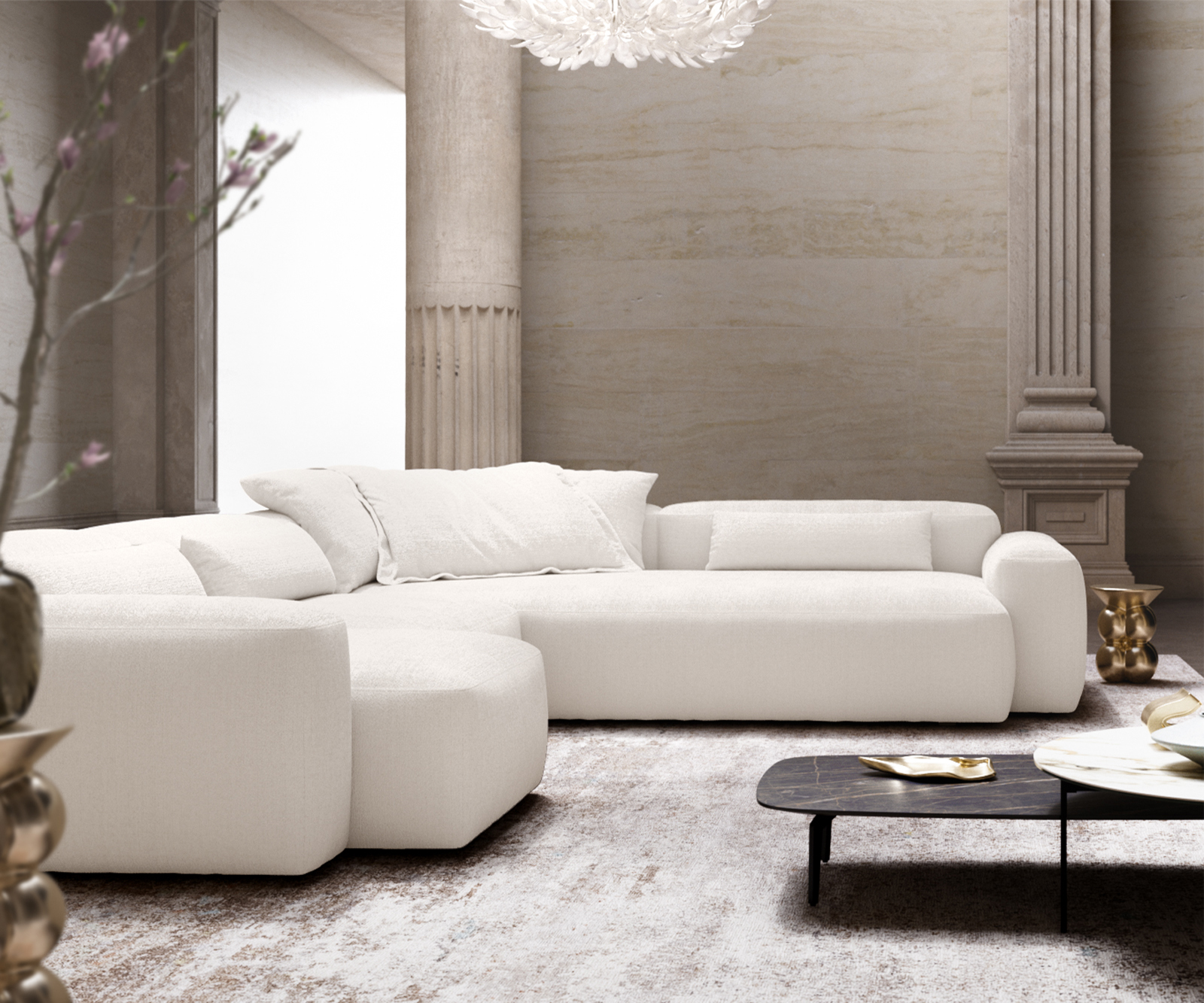 "U" alakú kanapé Freestyle 360x290 cm bouclé puha bézs varrással - Image 4