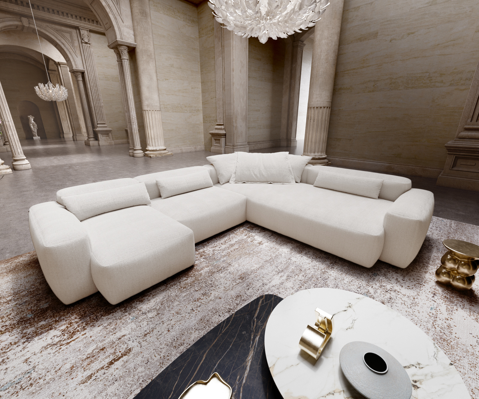 "U" alakú kanapé Freestyle 360x290 cm bouclé puha bézs varrással