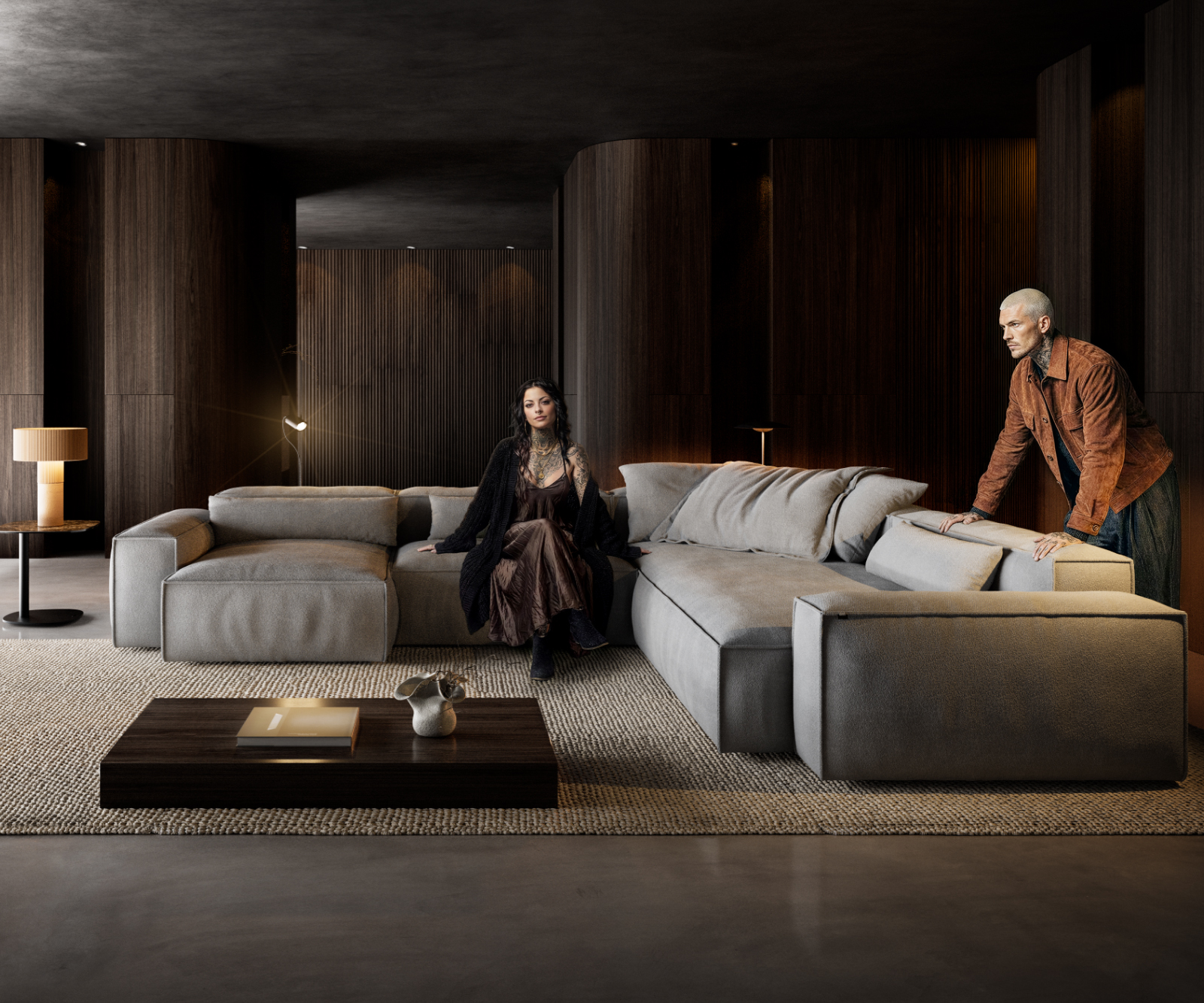 "U alakú kanapé Freestyle 360x290 cm strukturált szövet puha szürke szegélyvarrás" - Image 2