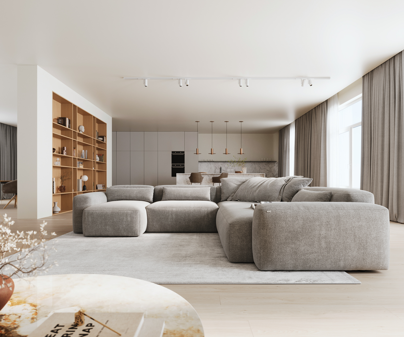 "U alakú kanapé Freestyle 360x290 cm strukturált szövet puha szürke varrással" - Image 2