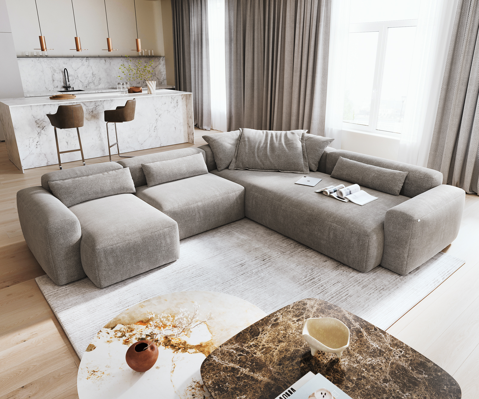 "U alakú kanapé Freestyle 360x290 cm strukturált szövet puha szürke varrással"