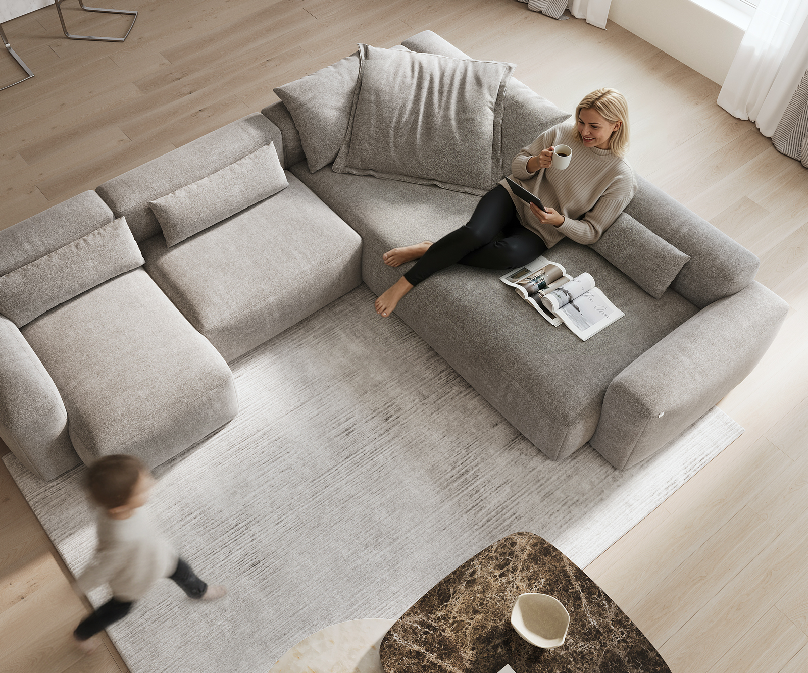 "U alakú kanapé Freestyle 360x290 cm strukturált szövet puha szürke varrással" - Image 4