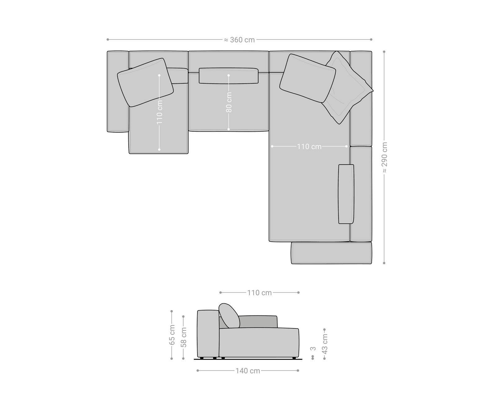 "U alakú kanapé Freestyle 360x290 cm strukturált szövet puha szürke varrással" - Image 7
