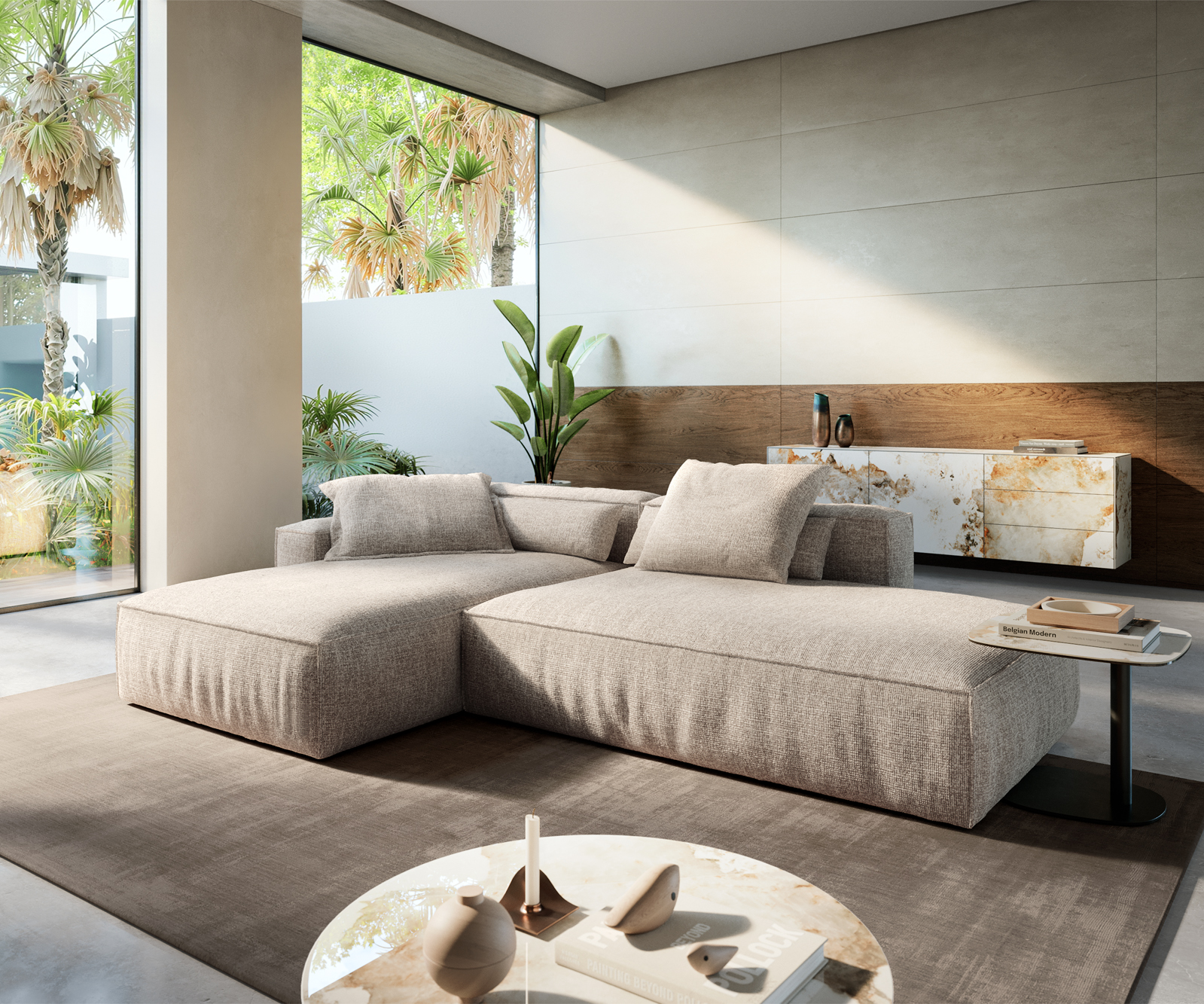 Sarokkanapé Freestyle 310x200 cm szövött szövet puha bézs szegélyezés - Image 4