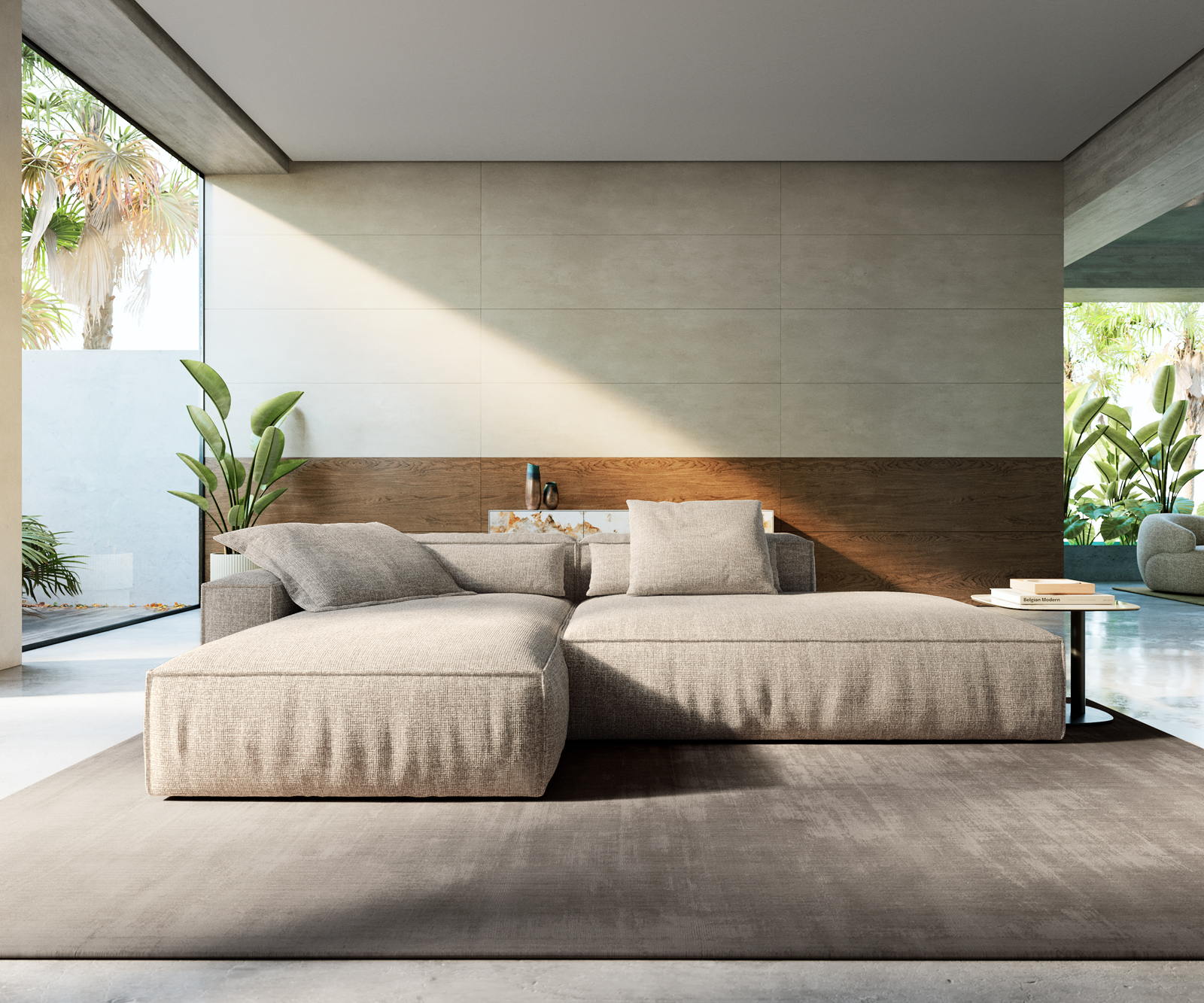 Sarokkanapé Freestyle 310x200 cm szövött szövet puha bézs szegélyezés