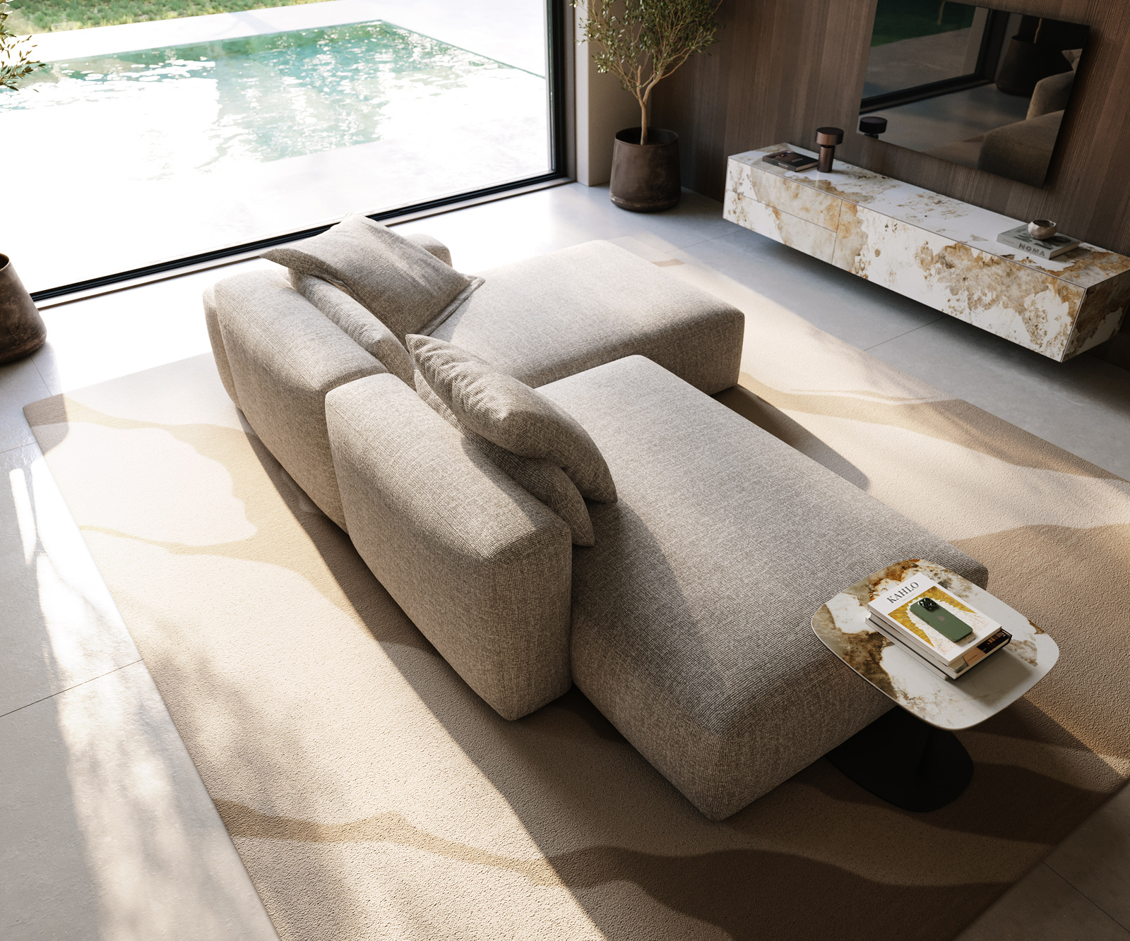 Sarokkanapé Freestyle 310x200 cm szövött szövet puha bézs varrással - Image 4