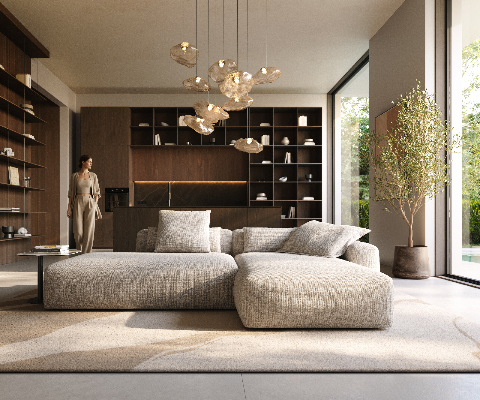 Sarokkanapé Freestyle 310x200 cm szövött szövet puha bézs varrással