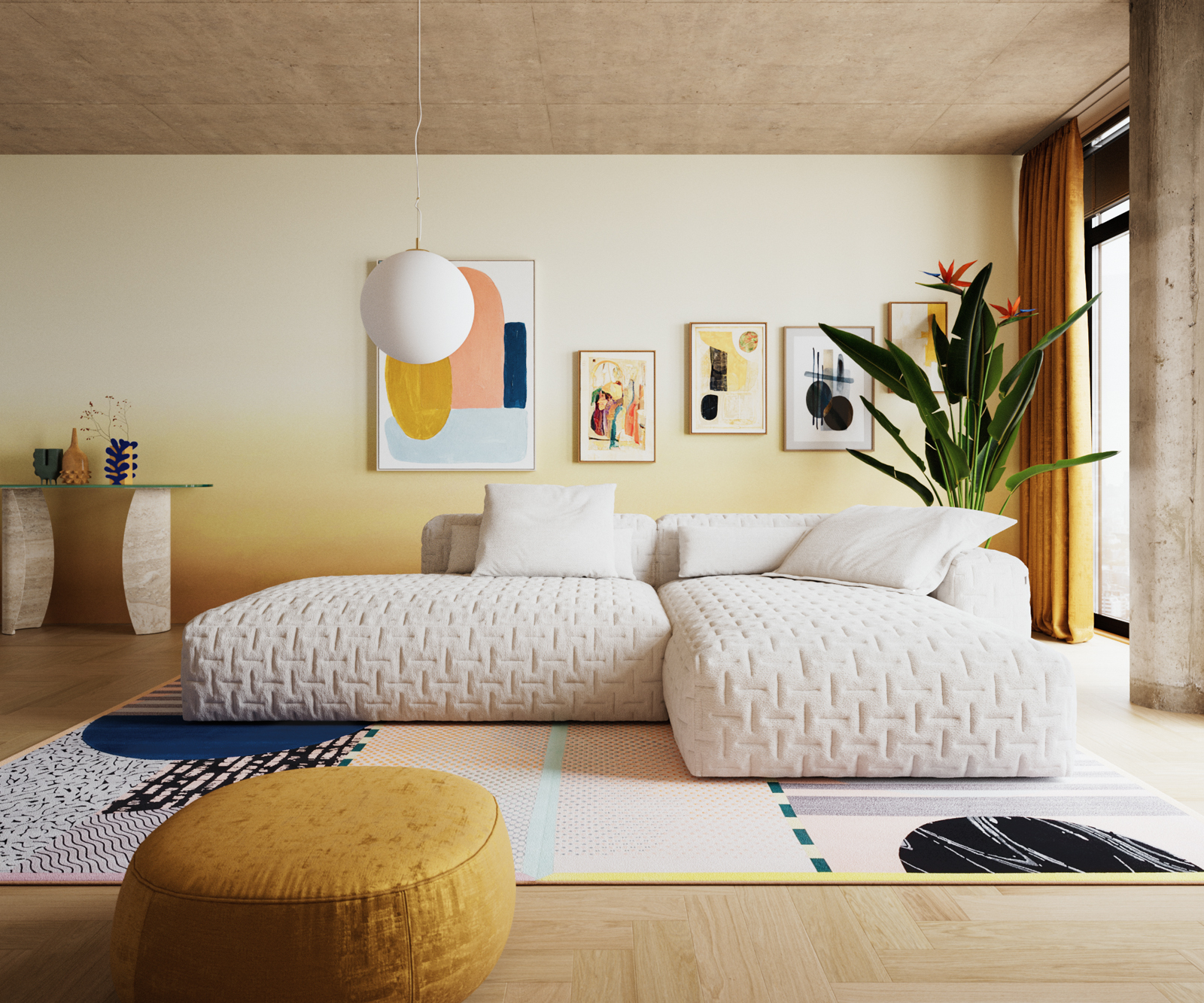 Sarokkanapé Freestyle 310x200 cm bouclé puha bézs steppelt - Image 2