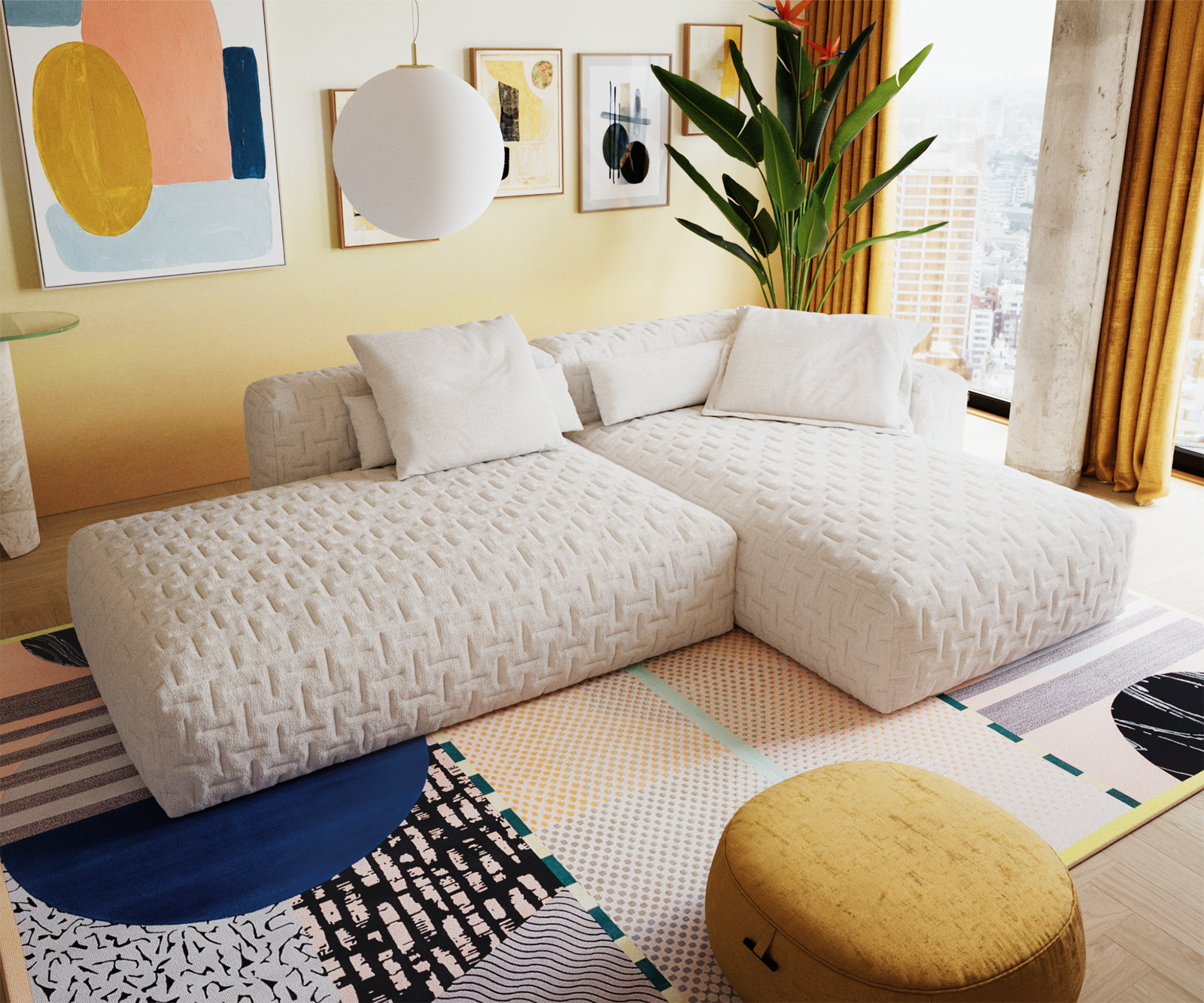 Sarokkanapé Freestyle 310x200 cm bouclé puha bézs steppelt - Image 4