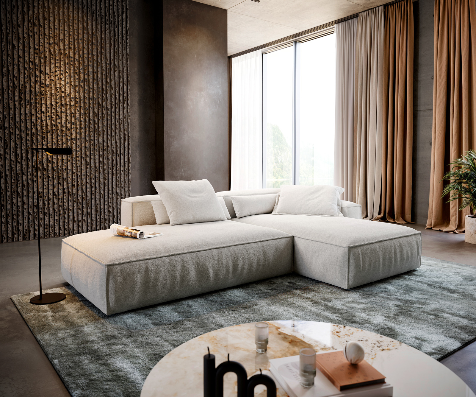 Sarokkanapé Freestyle 310x200 cm bouclé puha bézs szegélyvarrás - Image 2