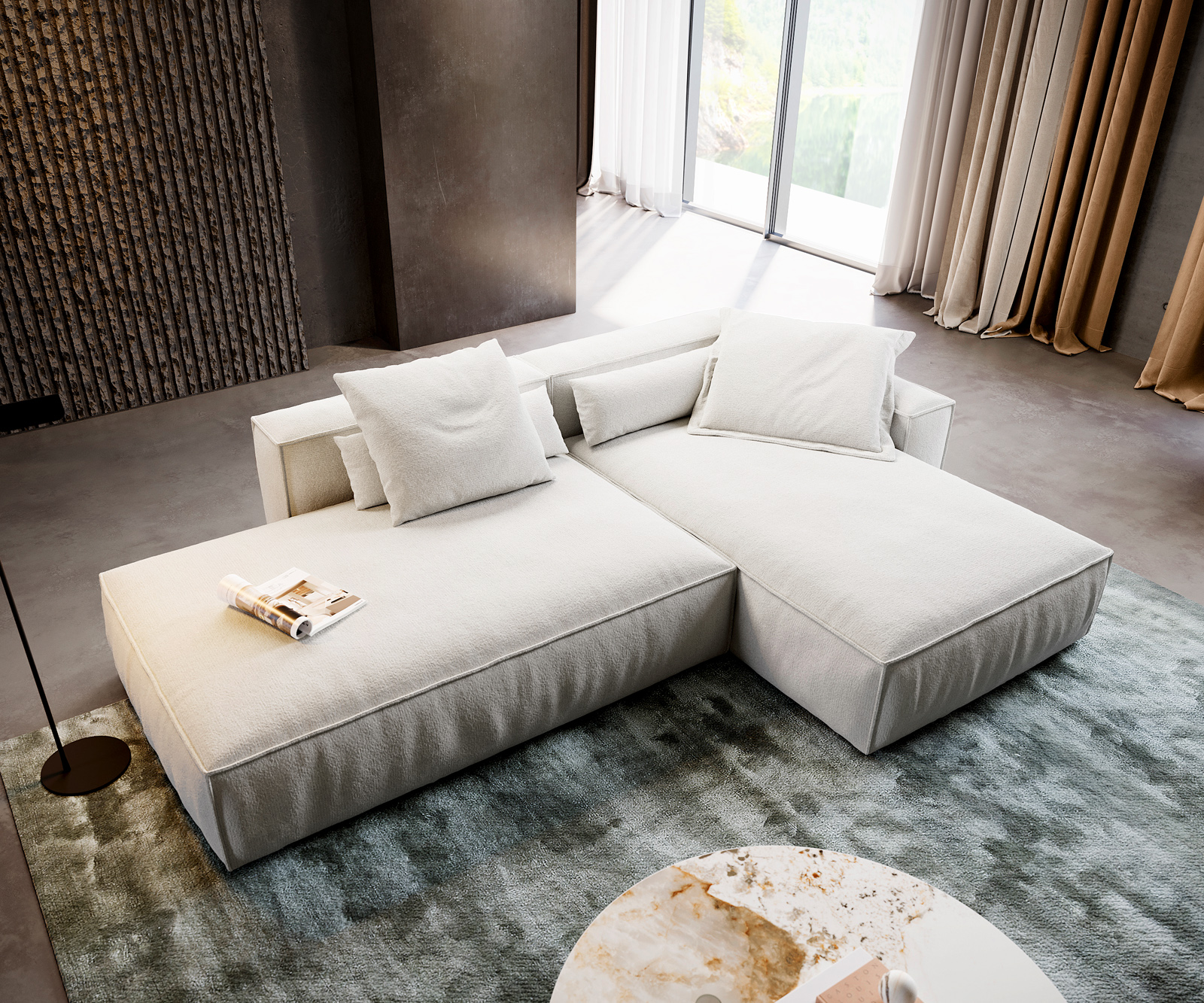 Sarokkanapé Freestyle 310x200 cm bouclé puha bézs szegélyvarrás - Image 4