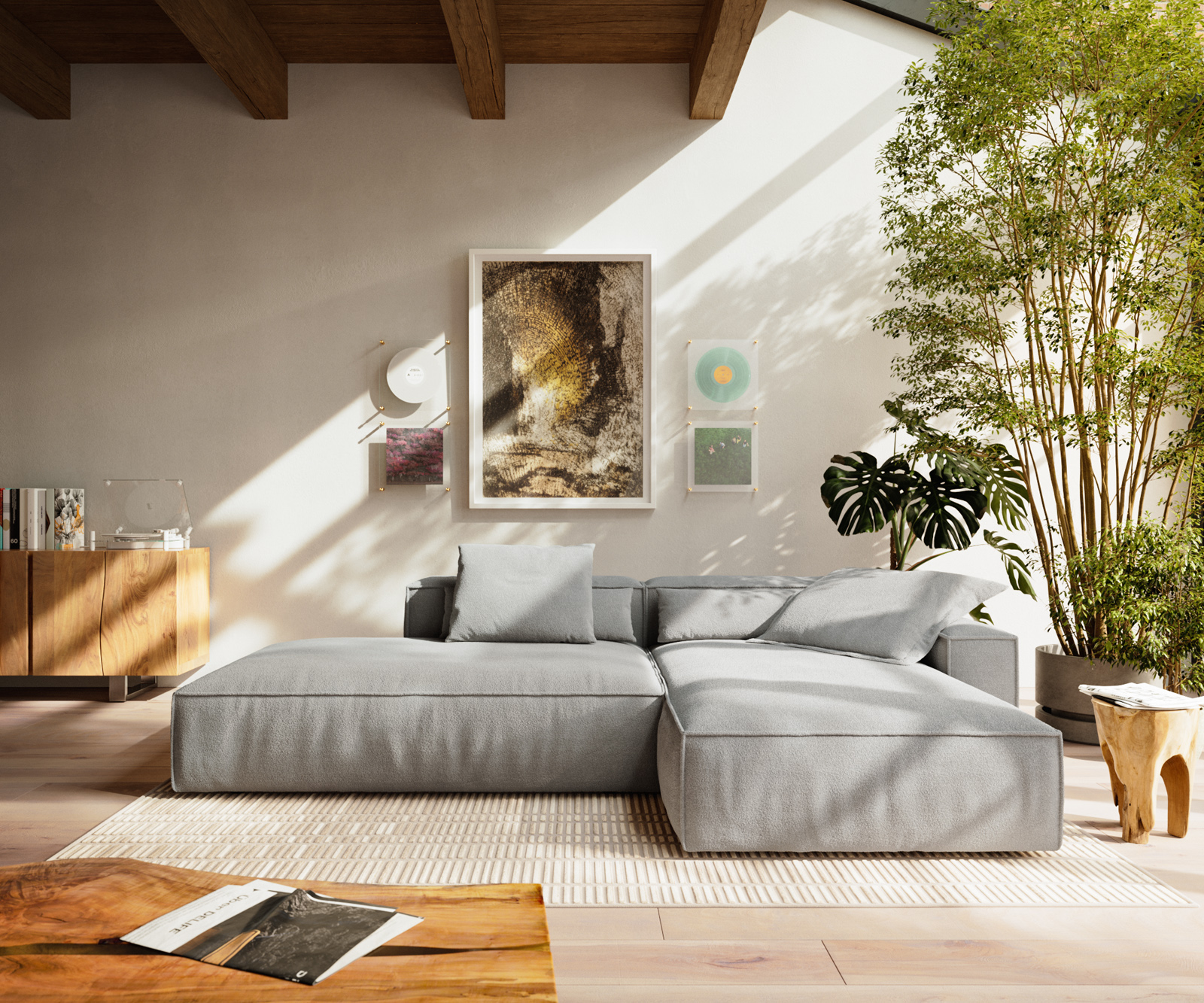 Sarokkanapé Freestyle 310x200 cm strukturált szövet puha szürke szegélyvarrás - Image 2