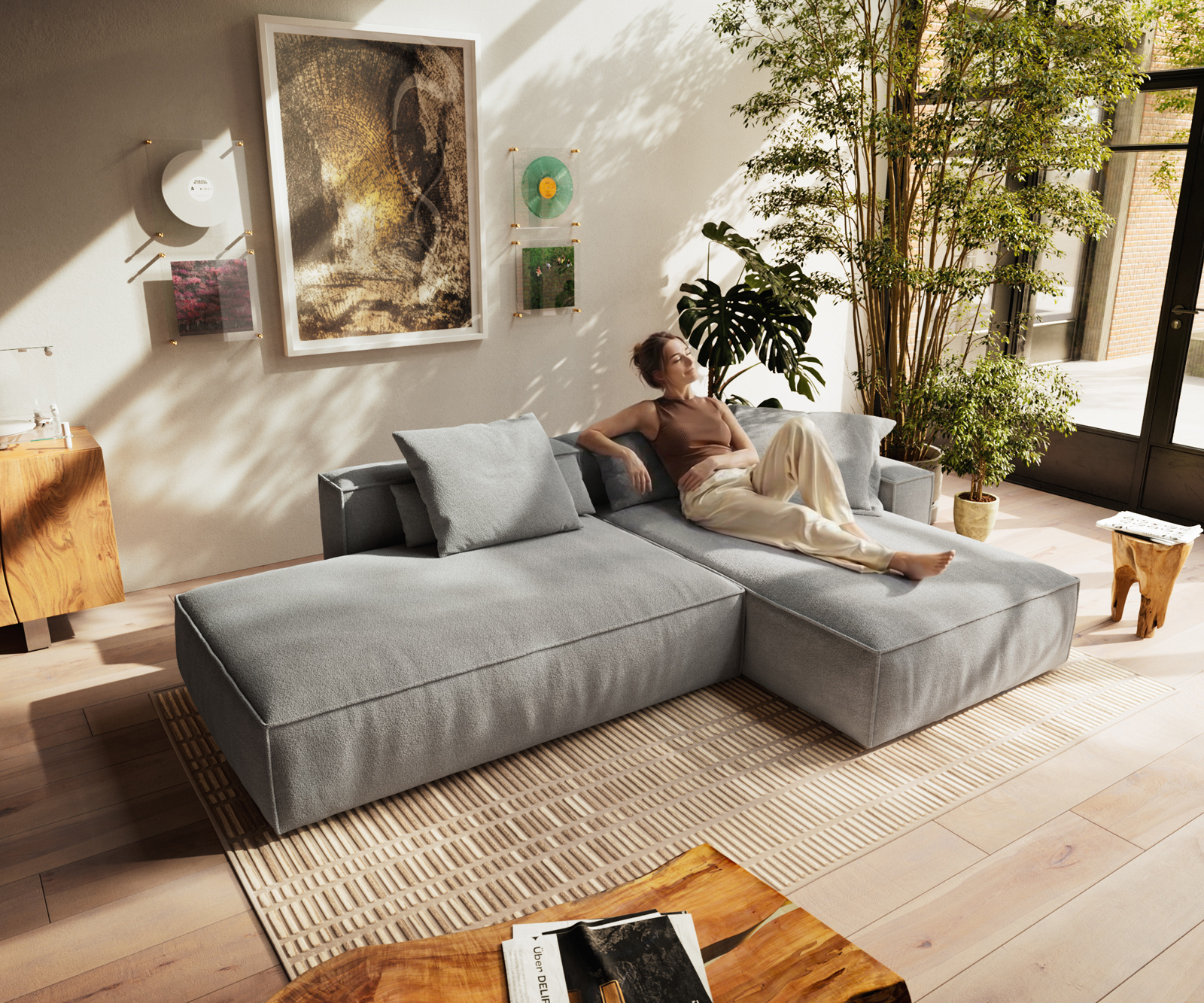 Sarokkanapé Freestyle 310x200 cm strukturált szövet puha szürke szegélyvarrás - Image 4