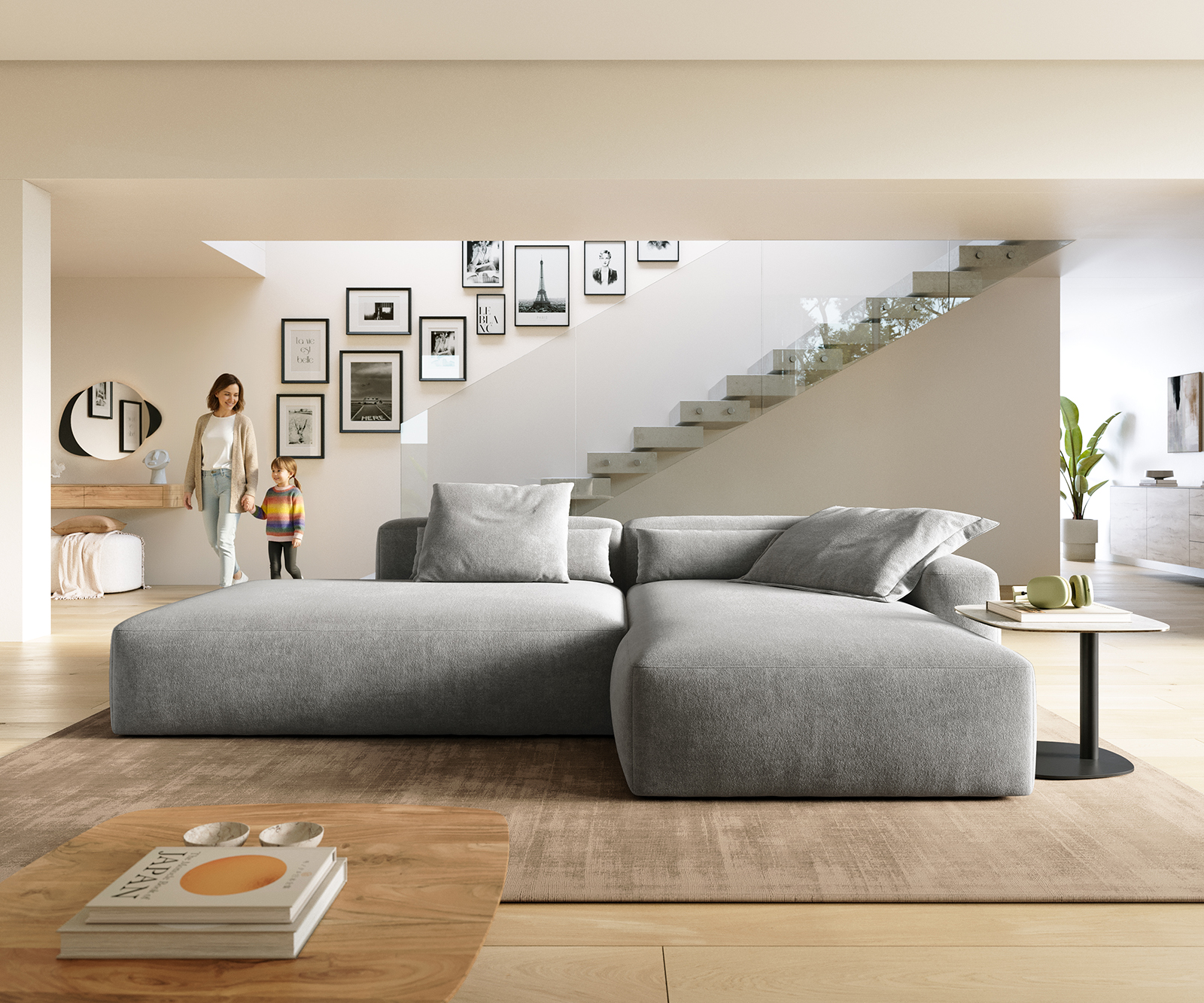 Sarokkanapé Freestyle 310x200 cm strukturált szövet puha szürke varrás