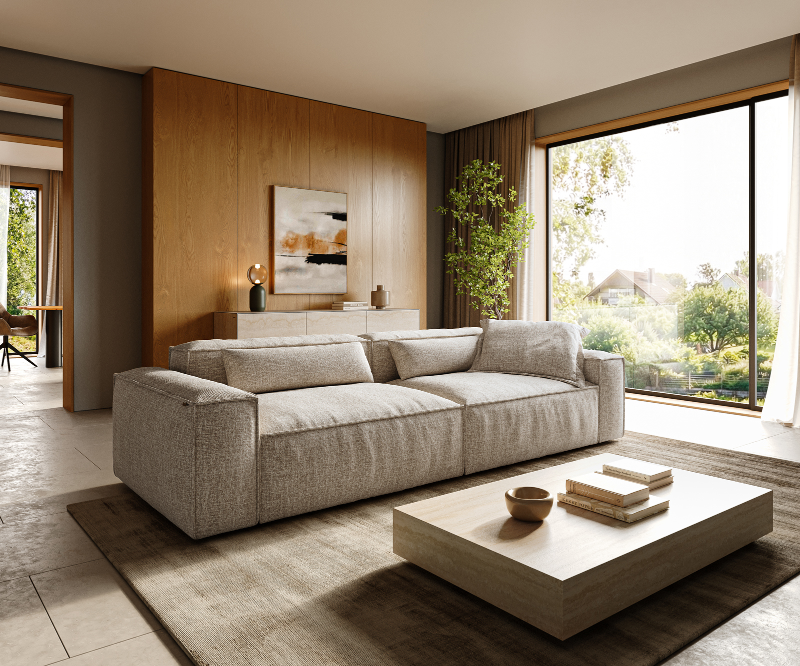 Nagy kanapé Freestyle 280x110 cm szövött szövet puha bézs szegélyvarrás